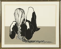 Ancienne école américaine, encadrée et signée, imprimé original de femme nue minimaliste