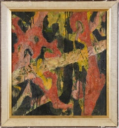 Antique American School Signed Framed Pink Abstract Expressionist Oil Painting