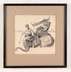 Antique American School Signed Illustration Indian Royalty Elephant Painting