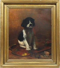 Antique American School Signed Impressionist Dog Portrait Original Oil Painting