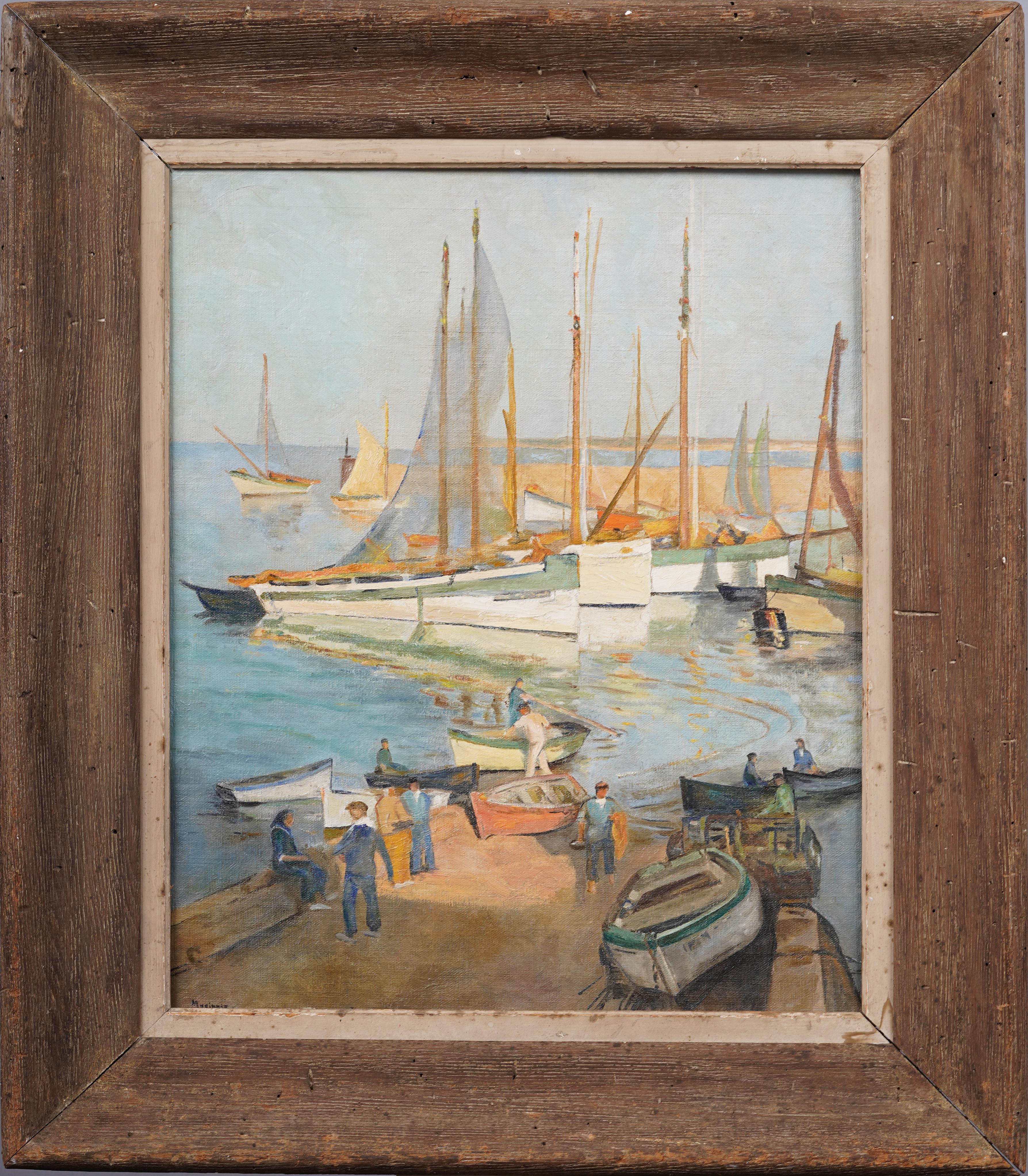 Antico dipinto di scuola americana firmato Impressionista con scena di pesca al porto e sulla spiaggia - Painting di Unknown