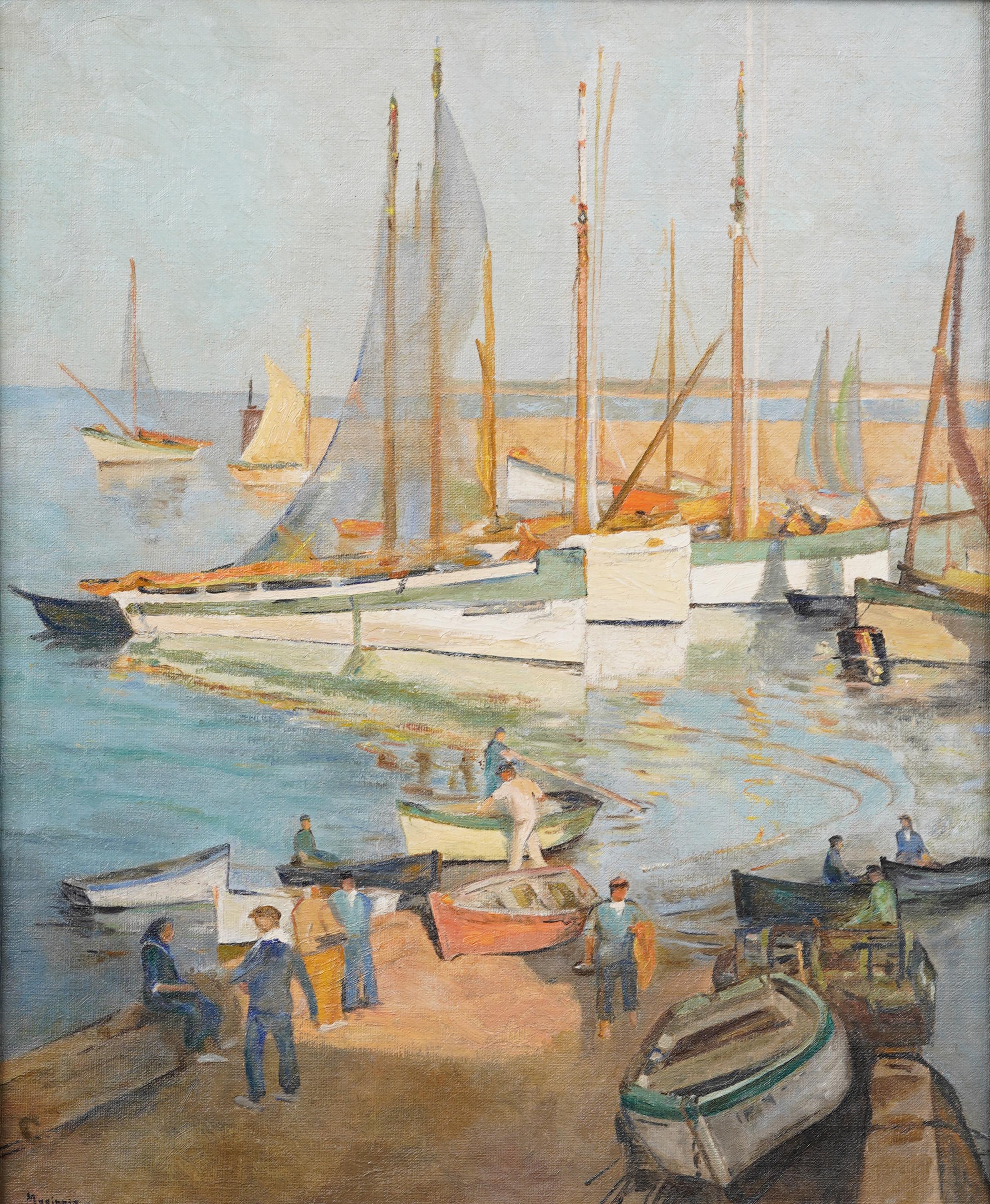 Antico dipinto di scuola americana firmato Impressionista con scena di pesca al porto e sulla spiaggia - Painting Astratto di Unknown