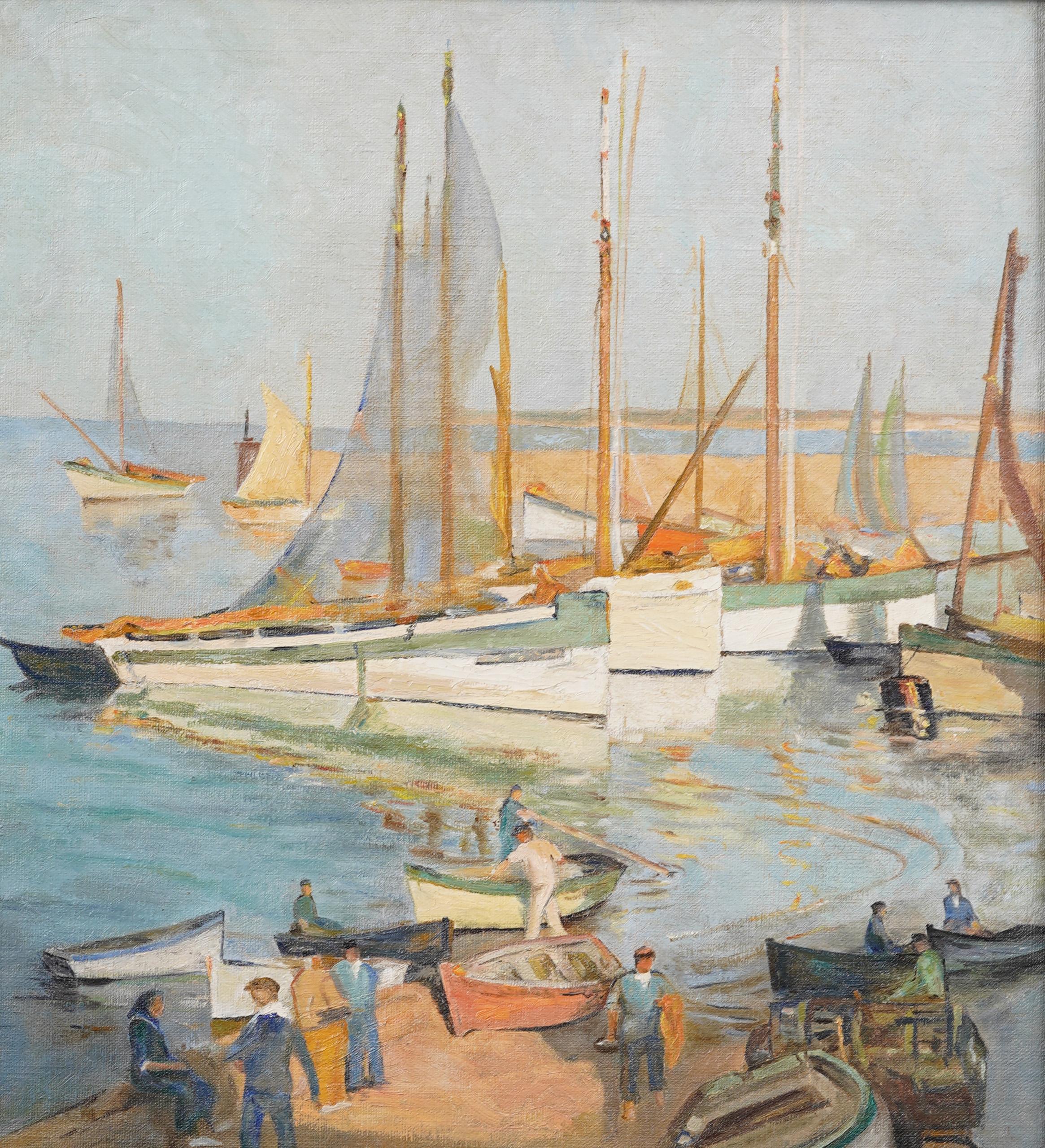 Antico dipinto di scuola americana firmato Impressionista con scena di pesca al porto e sulla spiaggia - Landscape Painting Marrone di Unknown