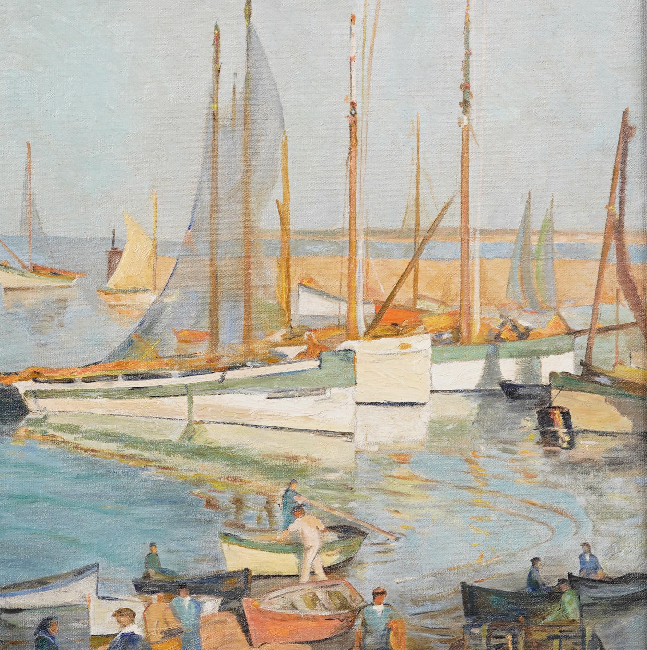 Antico dipinto di scuola americana firmato Impressionista con scena di pesca al porto e sulla spiaggia in vendita 1