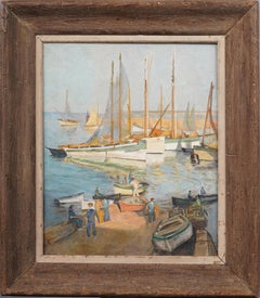 Antikes impressionistisches Gemälde der amerikanischen Schule, signiert, Fisch- Hafen-/ Strandszene-Gemälde