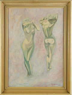 Antique American School Signed Large Framed Nude Woman Marble Bust Oil Painting