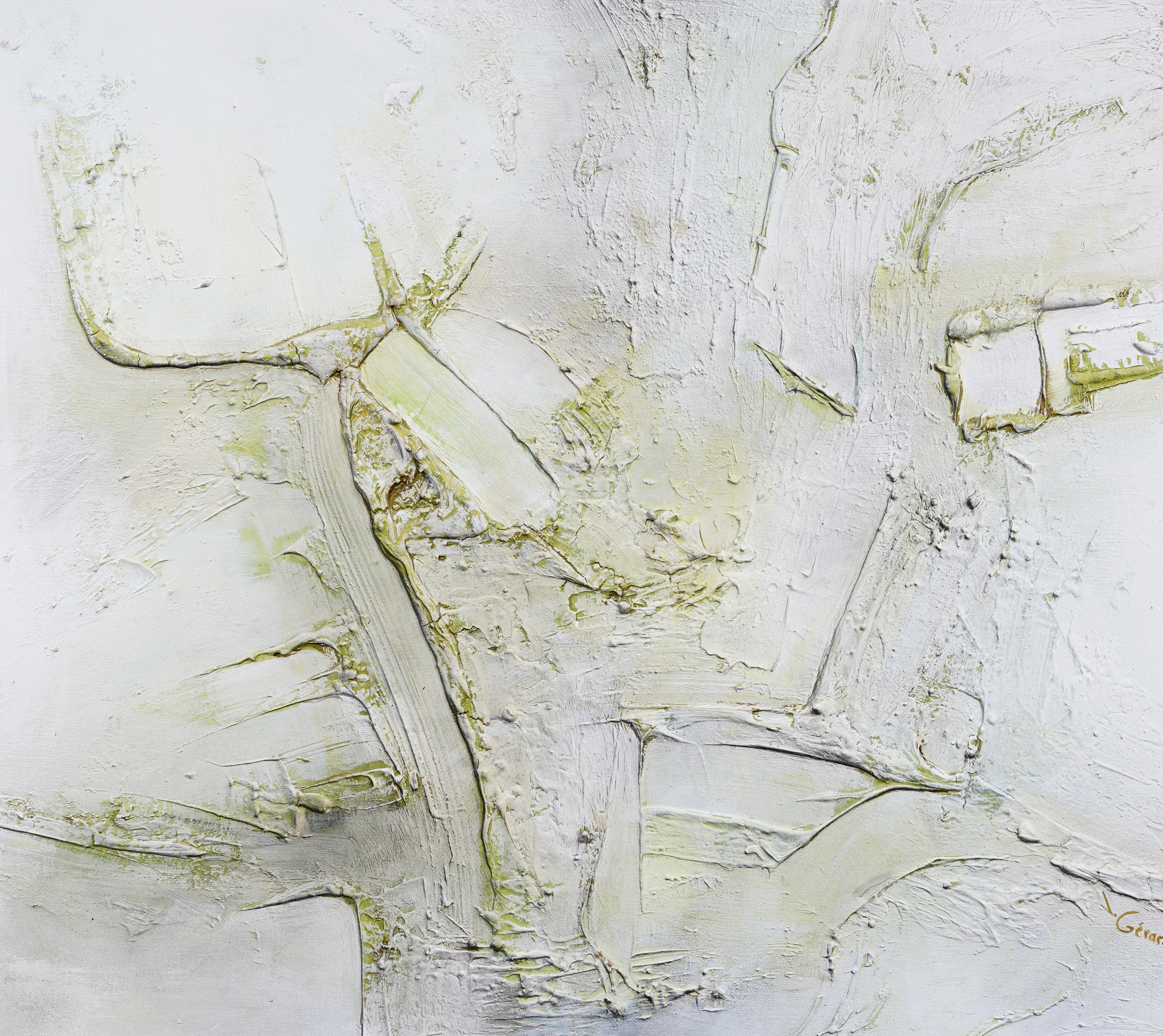 Pittura ad olio antica di scuola americana firmata, di grandi dimensioni, con texture astratta e modernista - Landscape Painting Grigio di Unknown