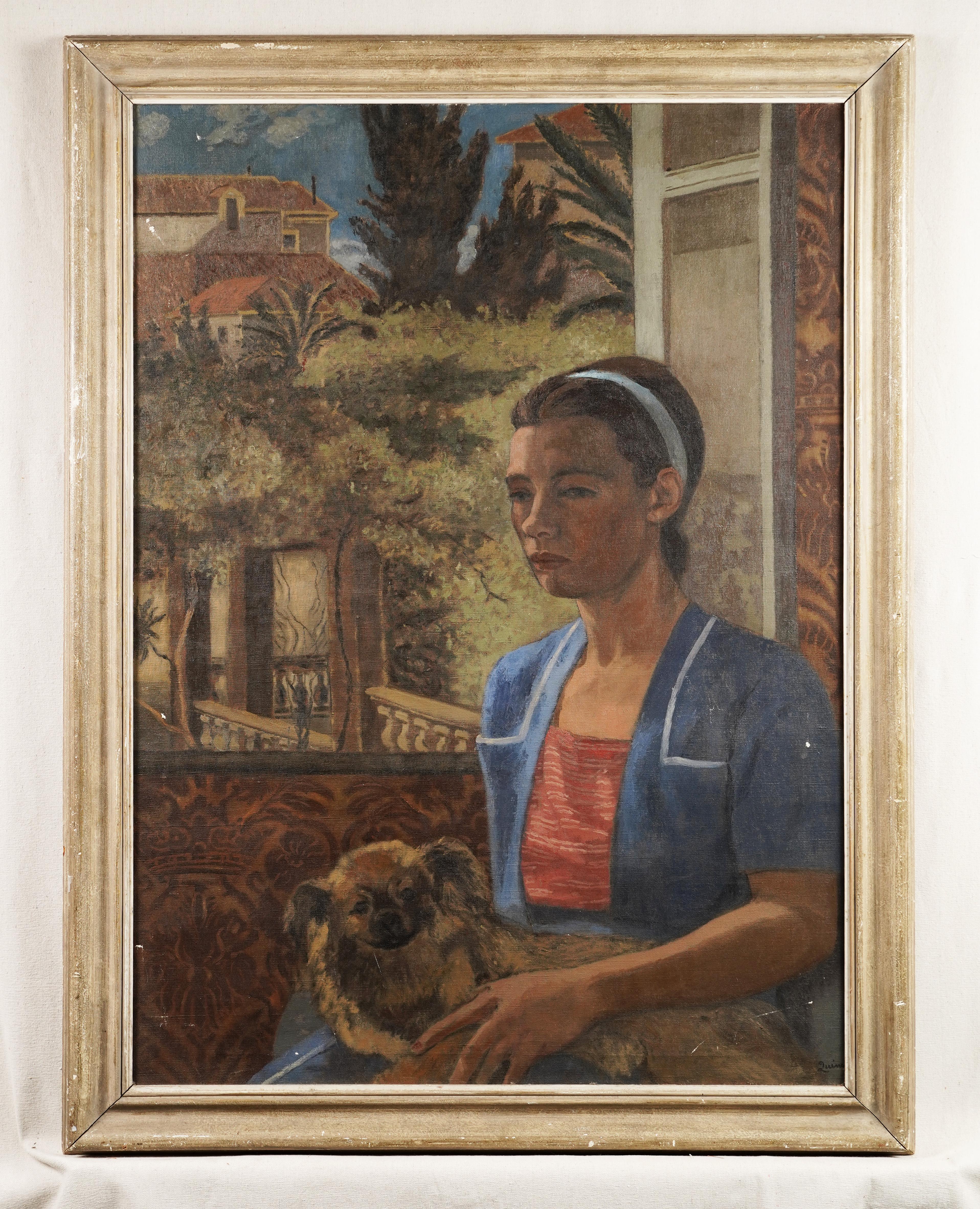  Antikes Ölgemälde der amerikanischen Schule, signiert, mediterrane Frau, Hund, Porträt – Painting von Unknown