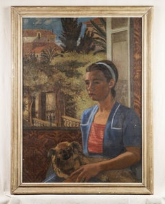 Antique American School Signed Mediterranean Woman Dog Portrait Oil Painting