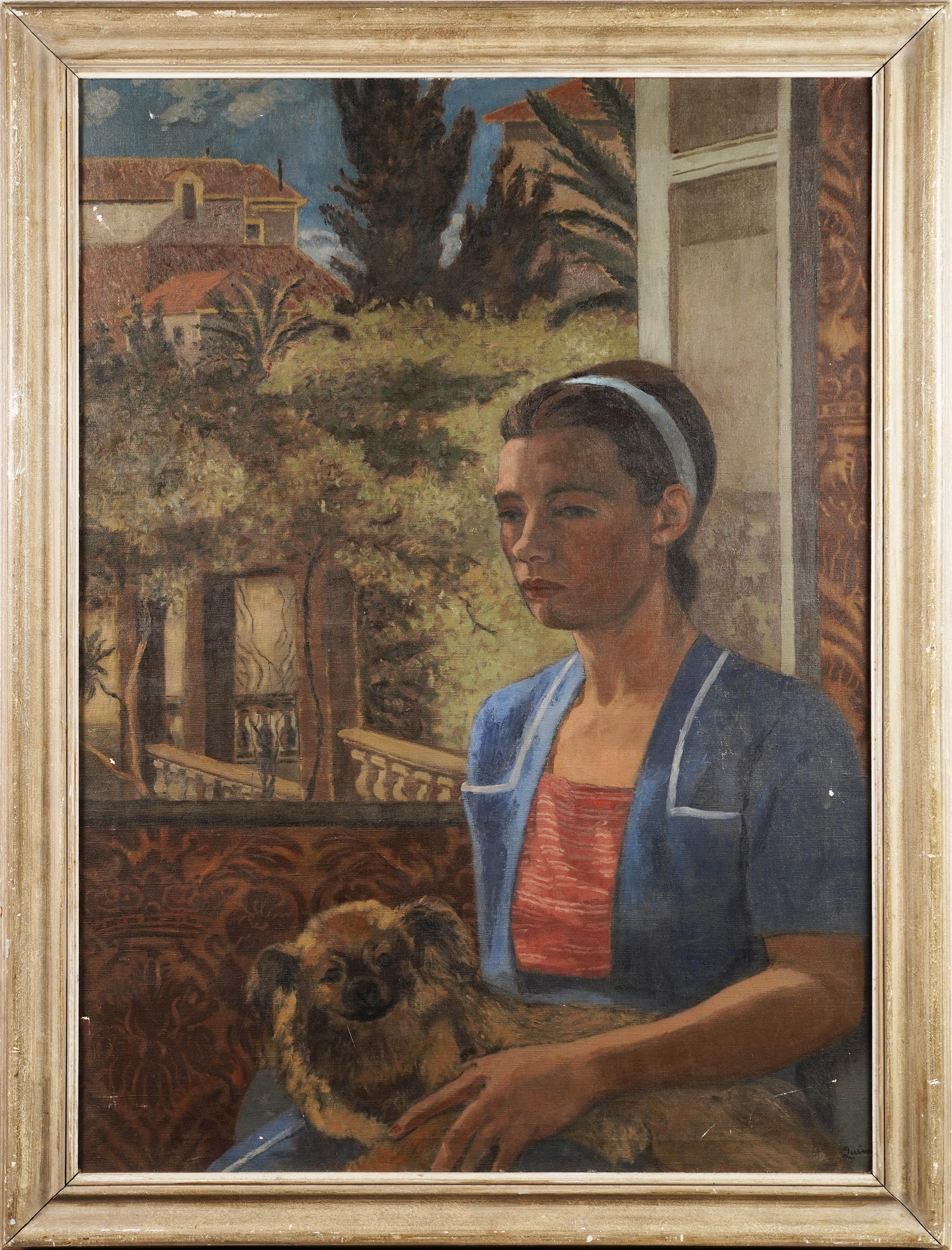  Peinture à l'huile ancienne d'un portrait de femme méditerranéenne avec chien, école américaine, signée - Moderne Painting par Unknown