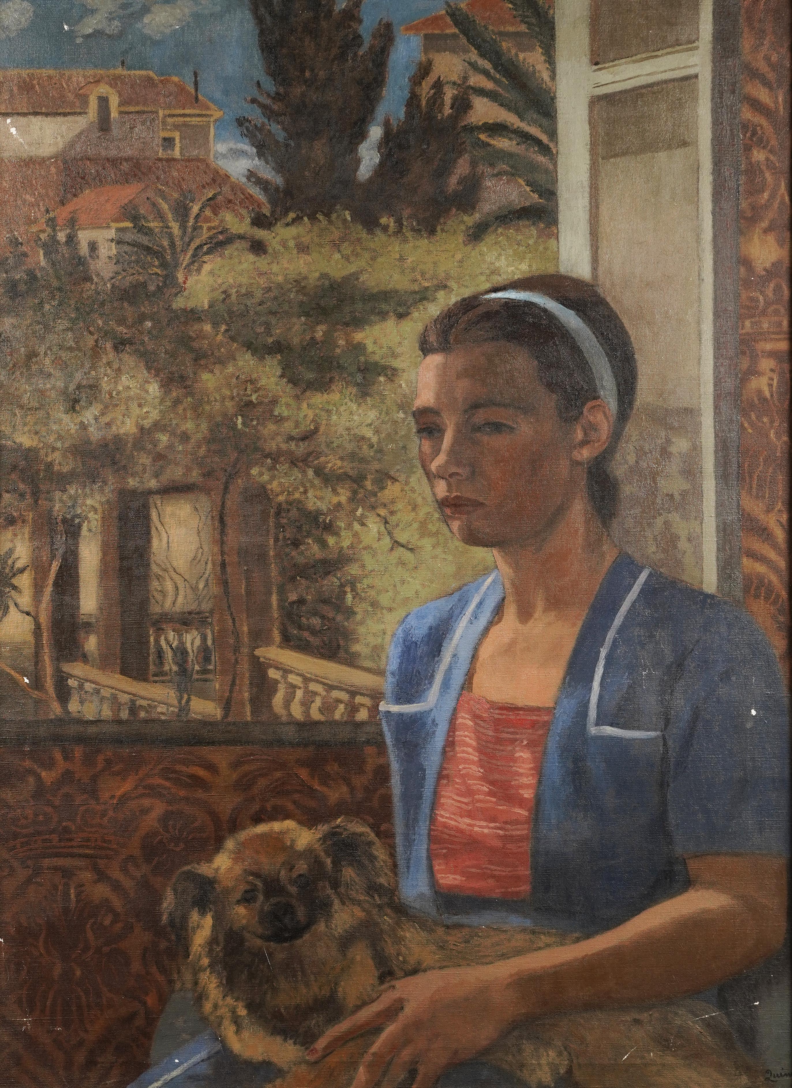 Antikes Ölgemälde der amerikanischen Schule, signiert, mediterrane Frau, Hund, Porträt (Moderne), Painting, von Unknown