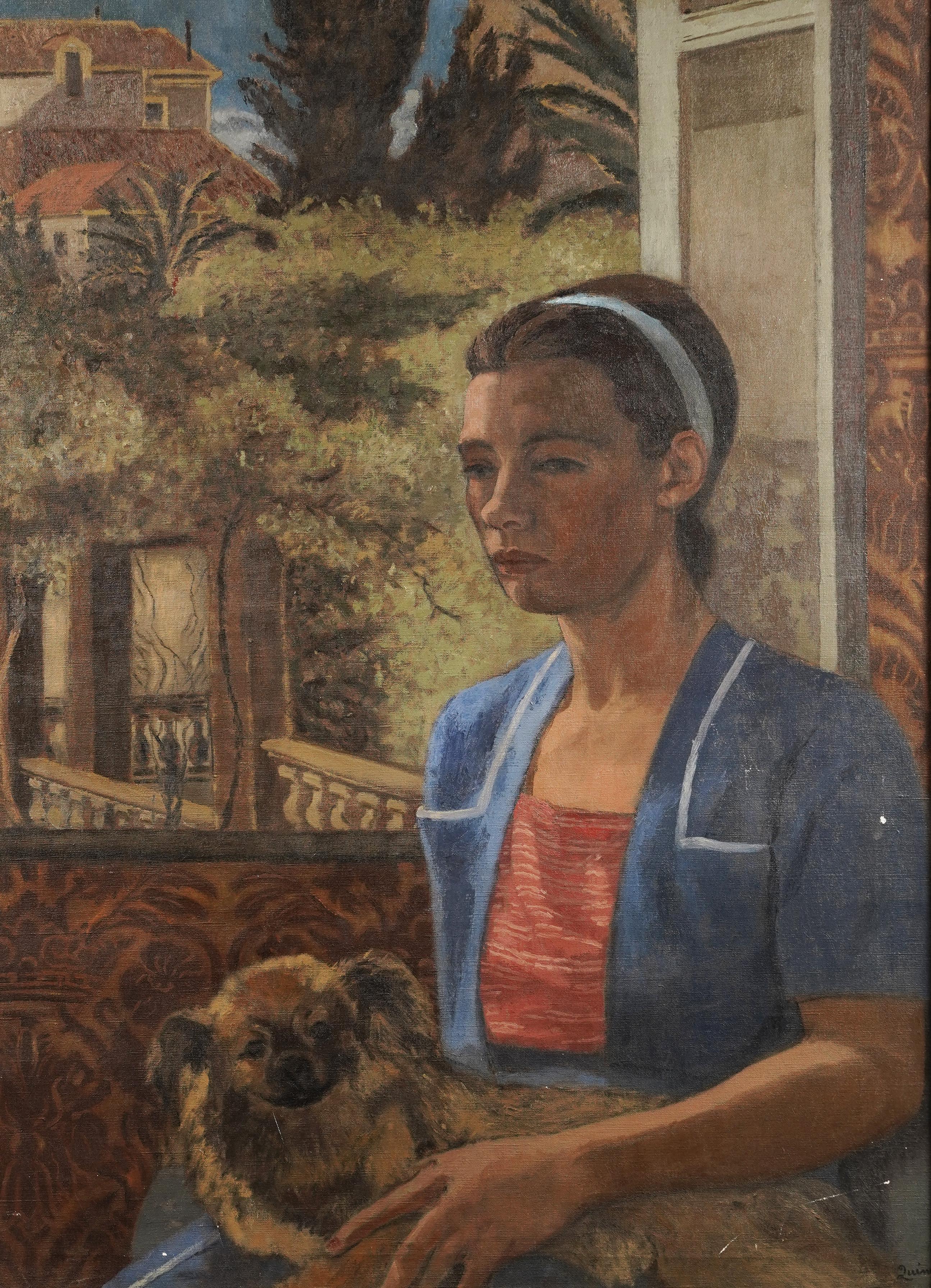  Peinture à l'huile ancienne d'un portrait de femme méditerranéenne avec chien, école américaine, signée en vente 1