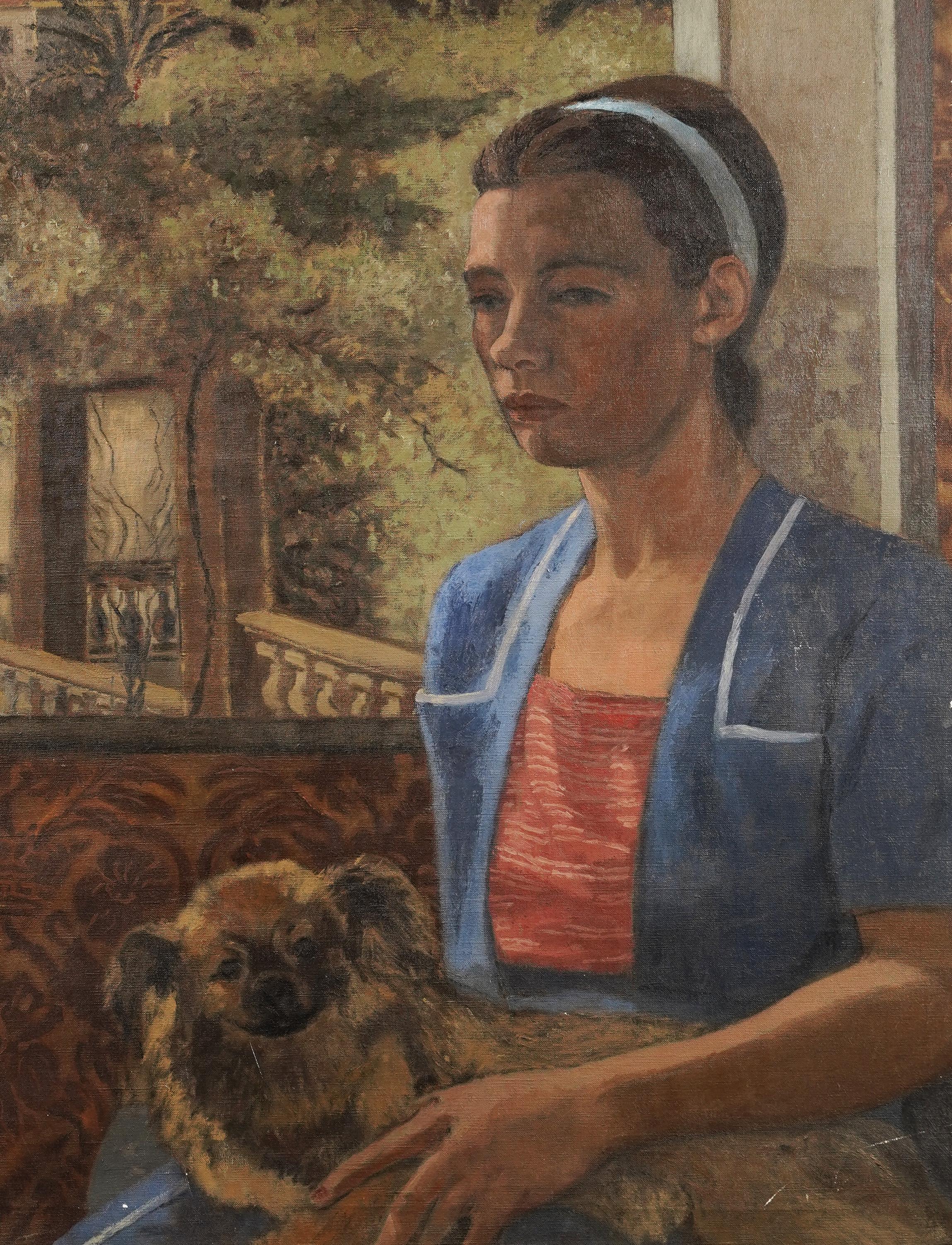  Peinture à l'huile ancienne d'un portrait de femme méditerranéenne avec chien, école américaine, signée en vente 2