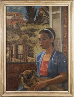  Vintage American School Signed Mediterranean Woman Dog Portrait Oil Painting