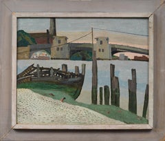 Antique American School Signed Modernist Abstract Coastal Harbor Oil Painting