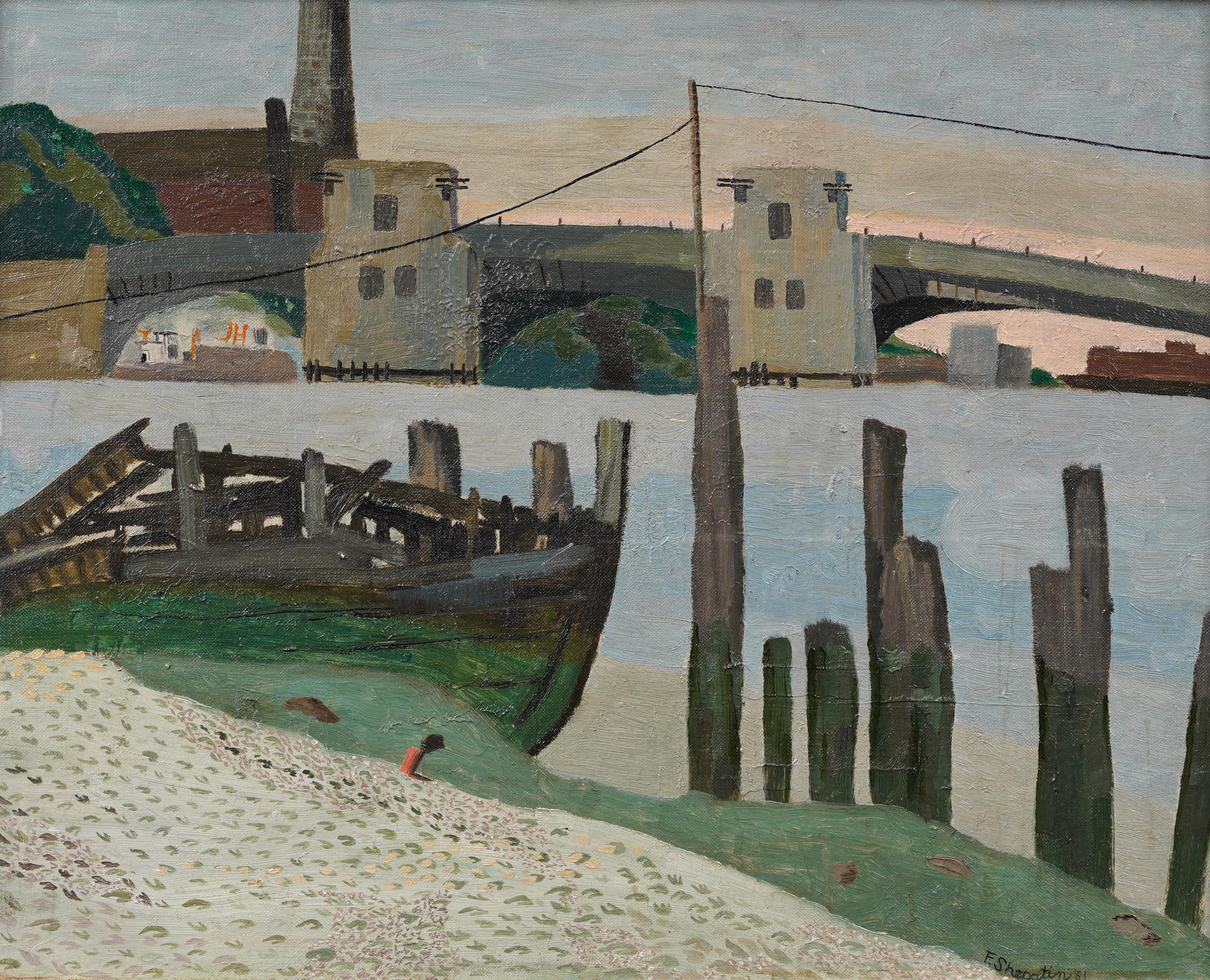 Antiguo cuadro al óleo de la Escuela Americana firmado como Modernista Abstracto de un puerto costero - Painting Moderno de Unknown