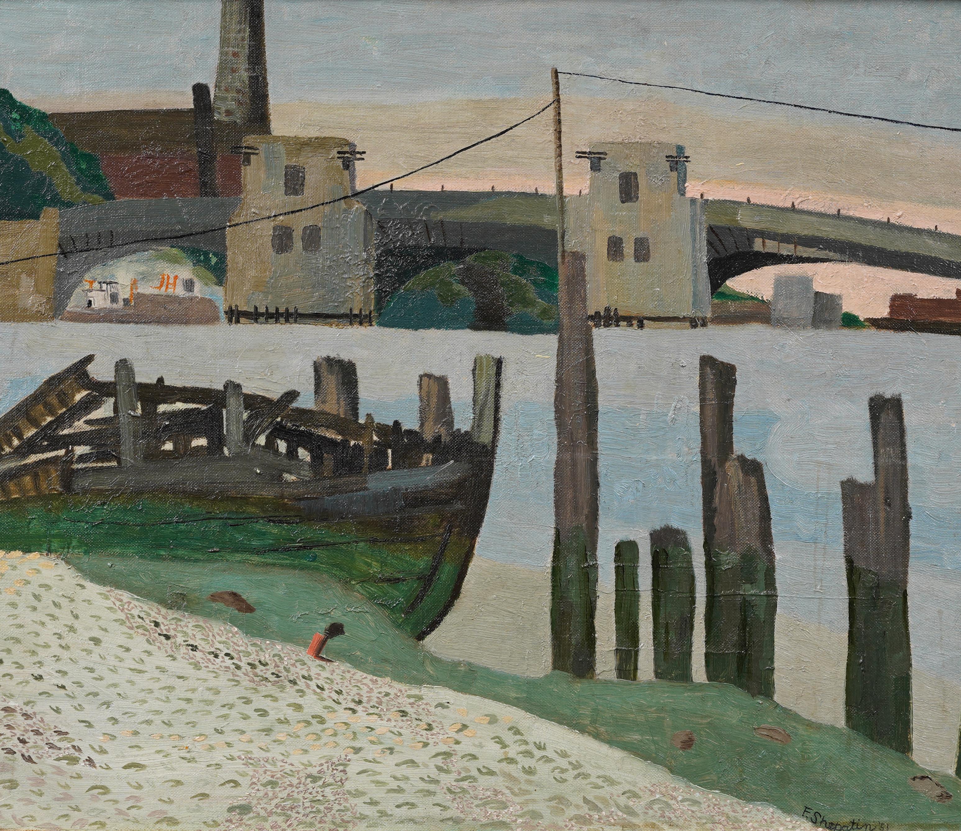Antiguo cuadro al óleo de la Escuela Americana firmado como Modernista Abstracto de un puerto costero - Abstract Painting Gris de Unknown