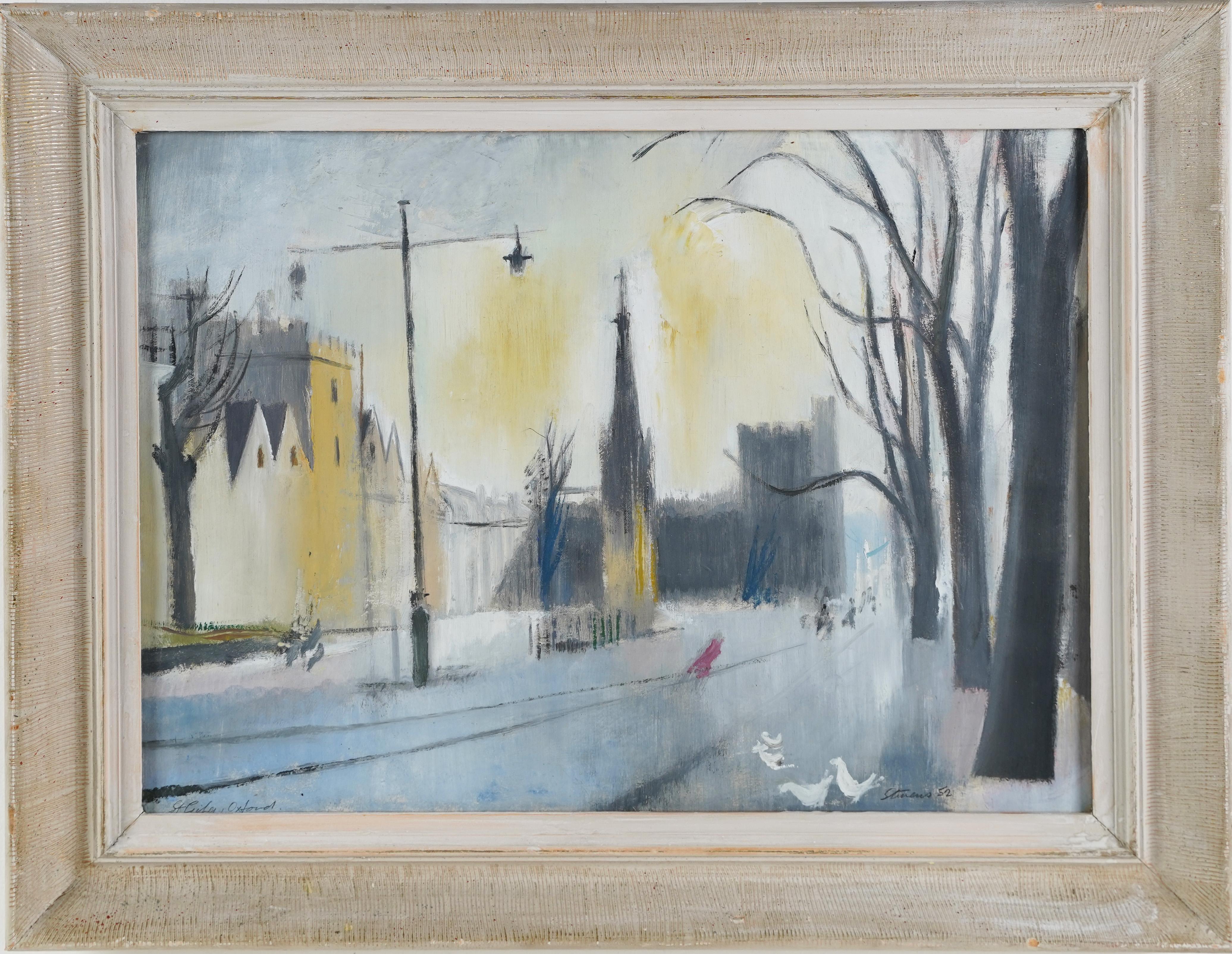 Antique American School Signed Modernist Street Scene Rare Framed Oil Painting - Gray Abstract Painting by Unknown