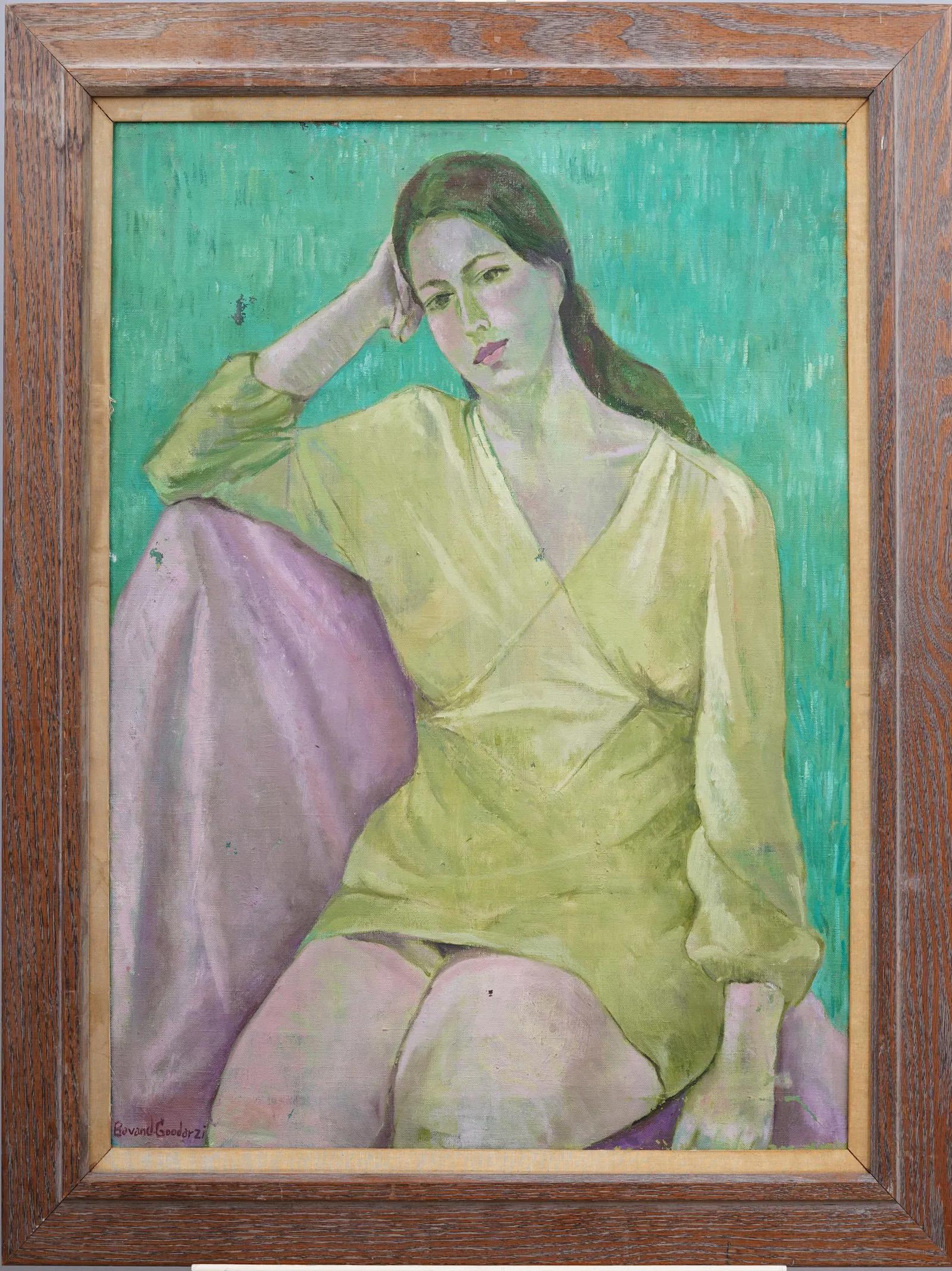 Antique American School Signed Modernist Woman Portrait Framed Oil Painting - Gray Portrait Painting by Unknown