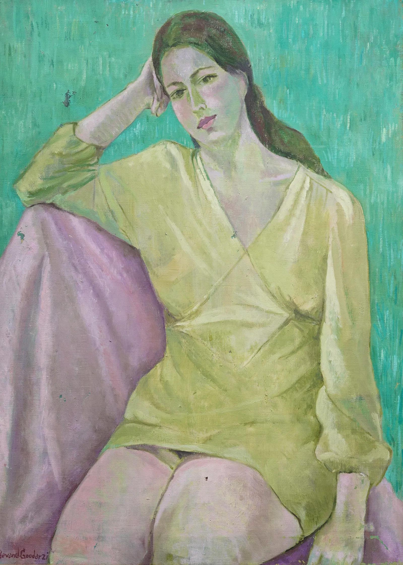 Nicely painted American modernist interior portrait oil painting.  Framed.  Oil on canvas.  Signed.  Image size, 28H by 22L.