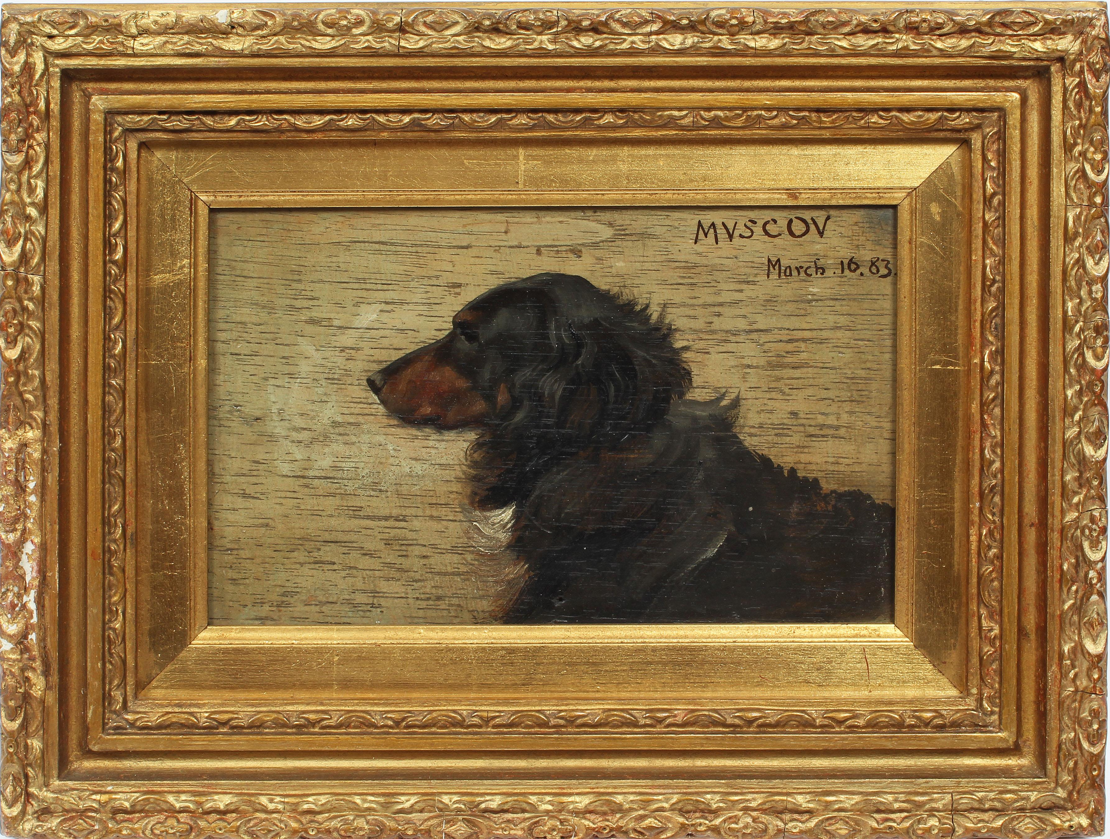 Unknown Animal Painting - Antique American School Signed Original Dog Dachshund Portrait Oil Painting