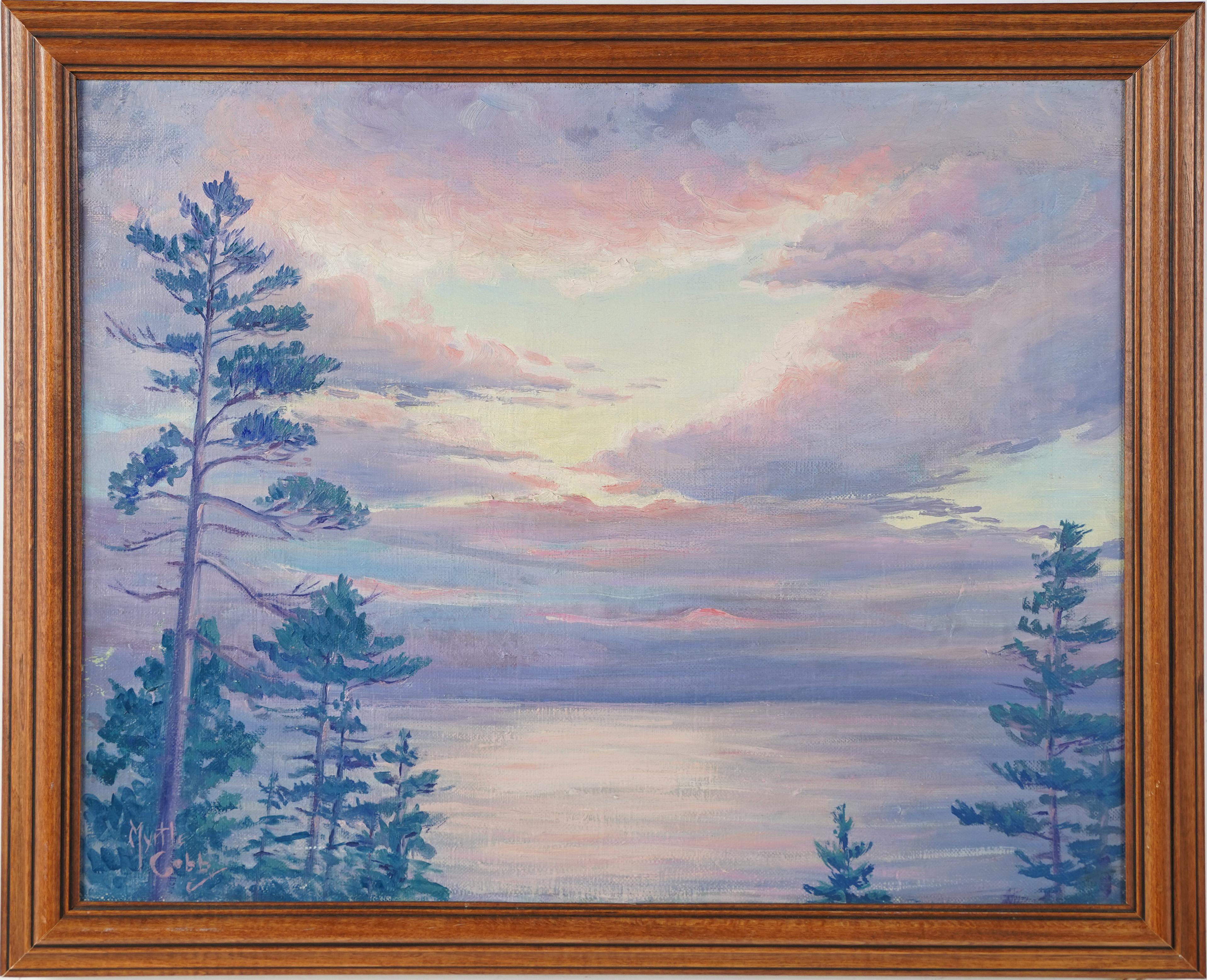  Antique American School Signed Panoramic Sunset Landscape Framed Oil Painting - Gray Landscape Painting by Unknown