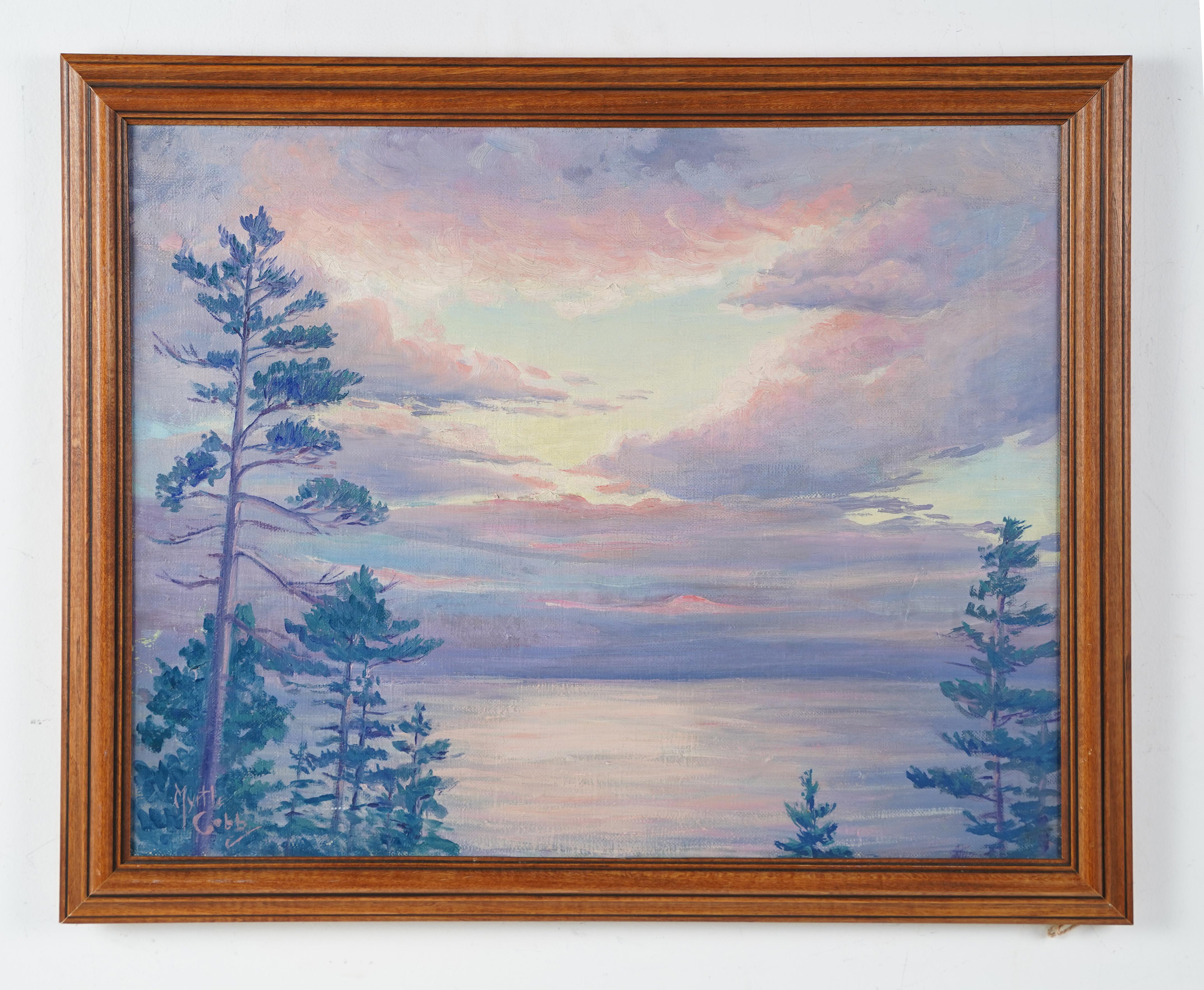 Antique American impressionist lake landscape signed oil painting.  Oil on canvas.  Signed.  Framed.  Image size, 20L x 16H.