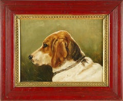 Antique American School Signed Pensive Beagle Dog Animal Portrait Oil Painting