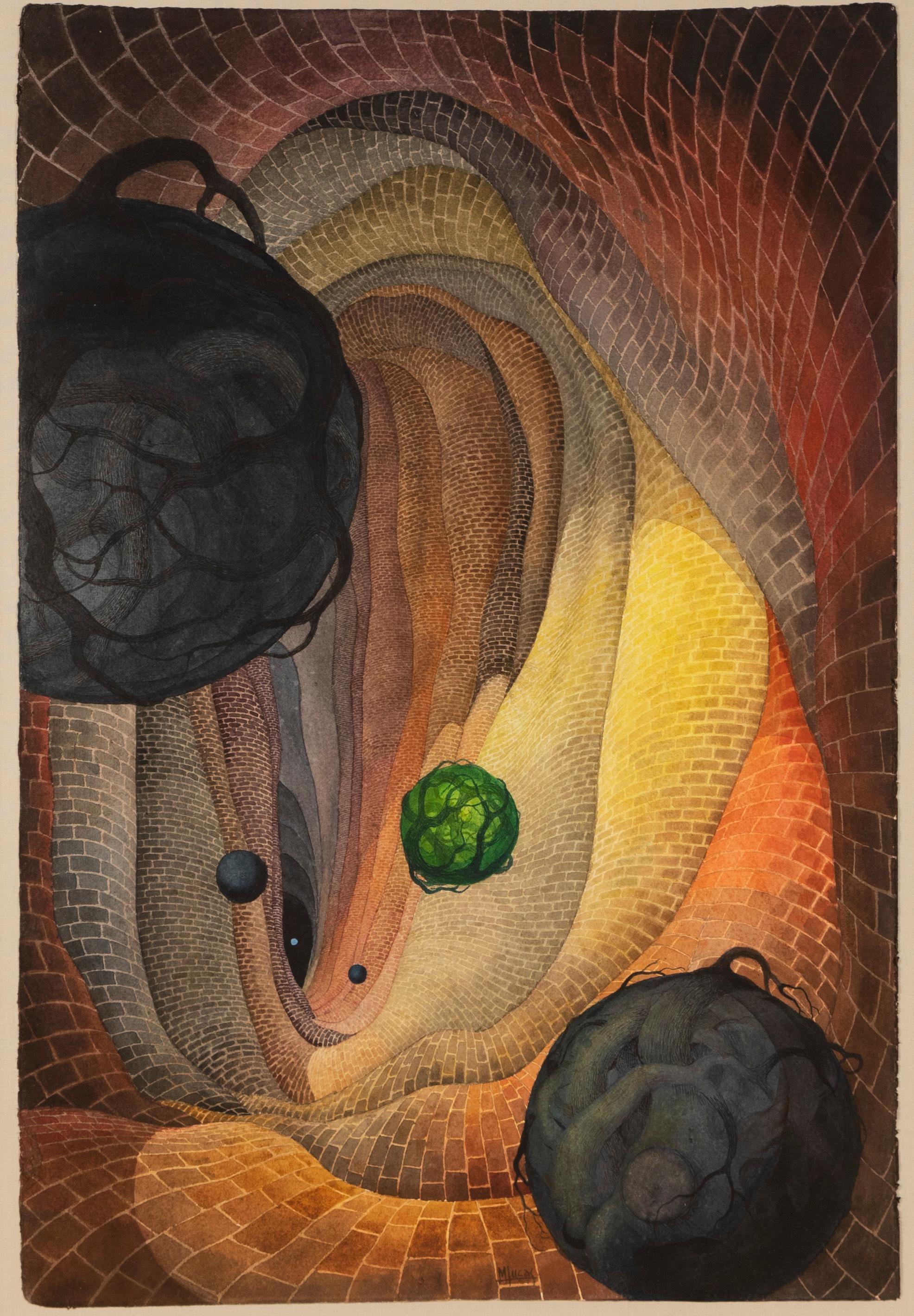 Antique surreal interior landscape abstract.  Gouache and watercolor on board, circa 1950.  Signed.  Image size, 21L x 31H.  Housed in a period frame.