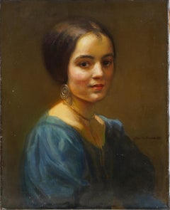Antigua Escuela Americana Firmado Retrato Joven Mujer Pintura al Óleo Original