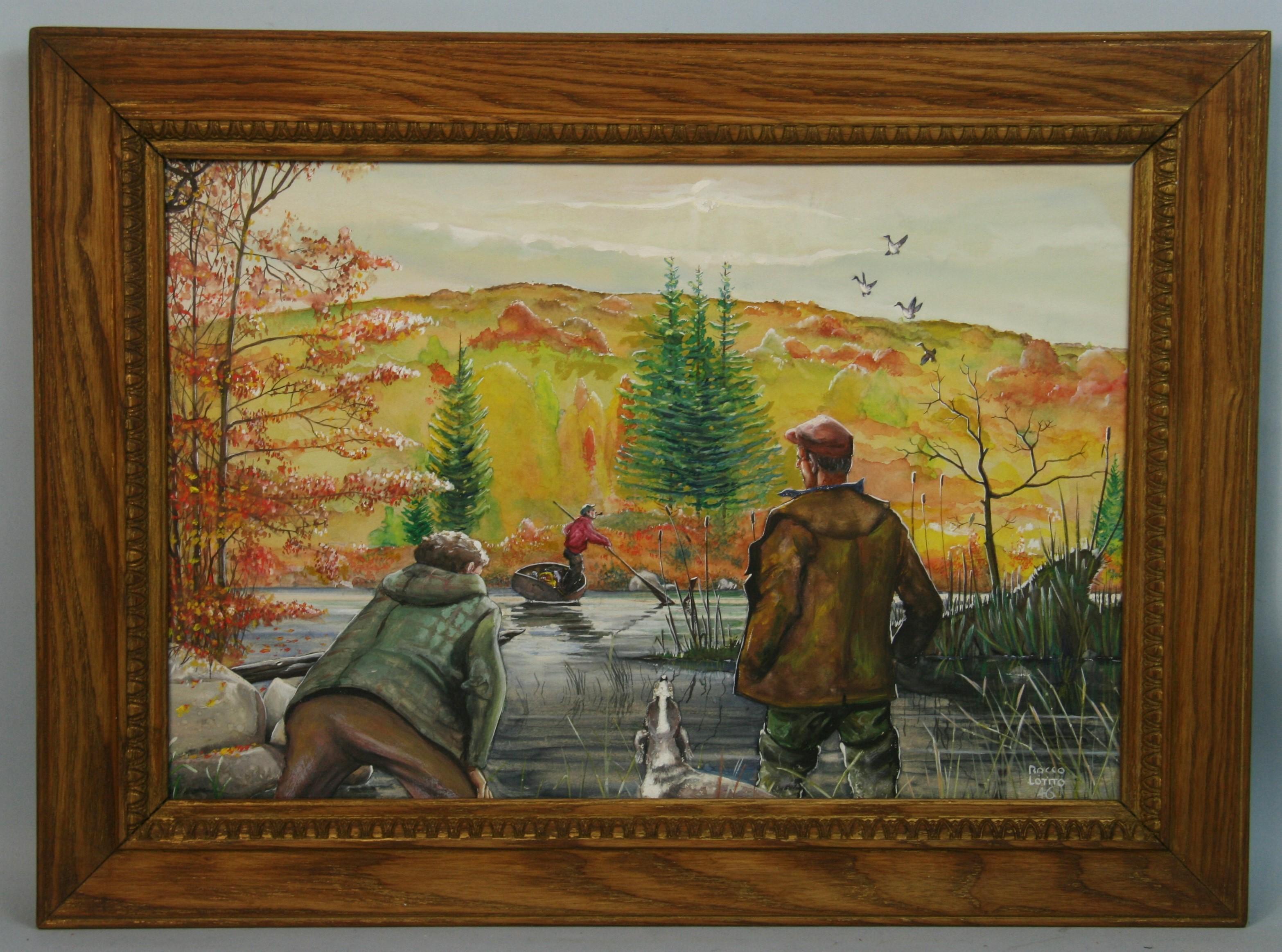 Antico dipinto ad olio di scuola americana con scena sportiva di caccia all'anatra 1946 - Painting di Unknown