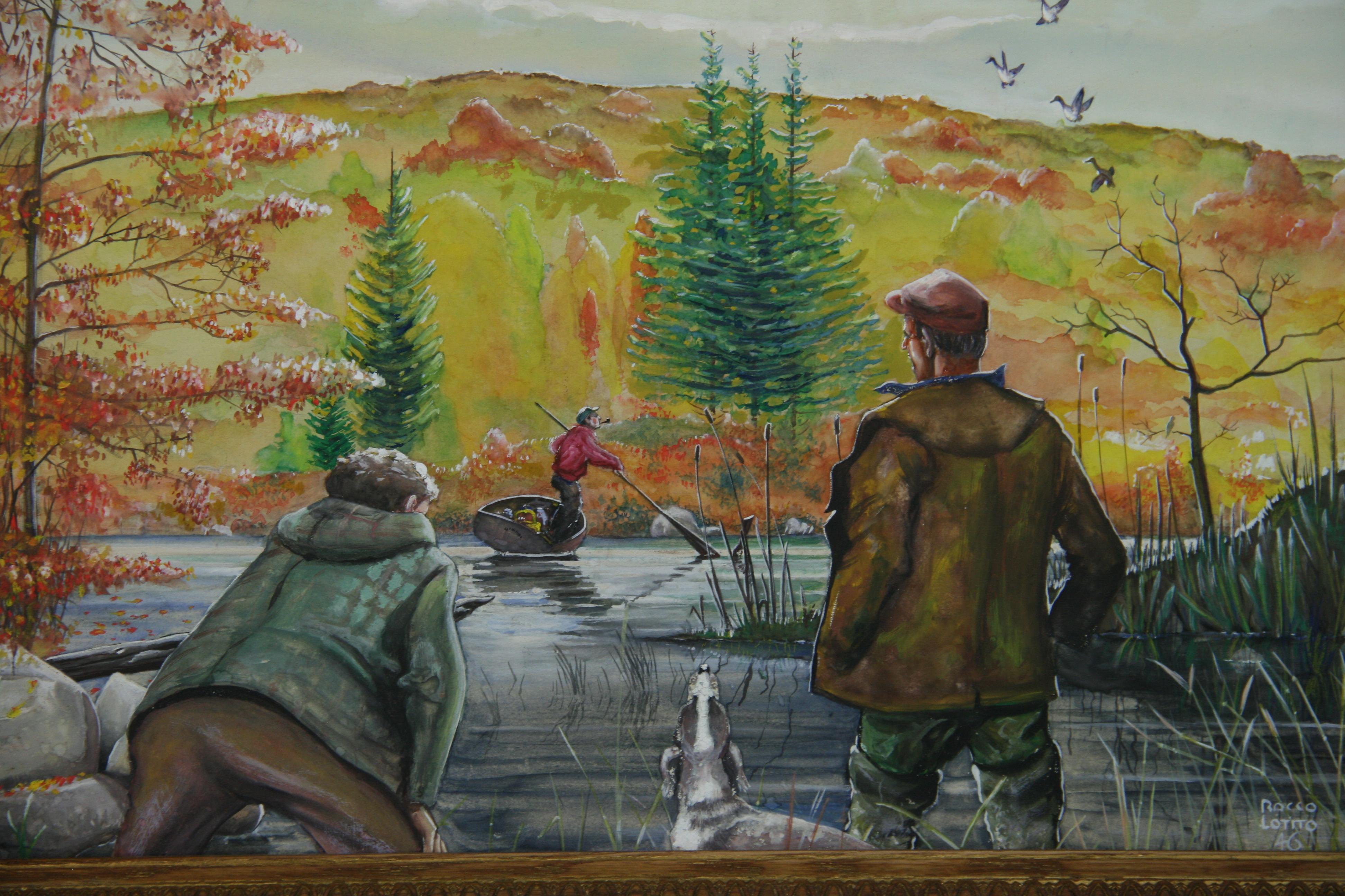 Antico dipinto ad olio di scuola americana con scena sportiva di caccia all'anatra 1946 - Figurative Painting Marrone di Unknown