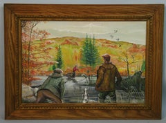 Vintage American School Sporting Scene Duck Hunt Oil Painting 1946