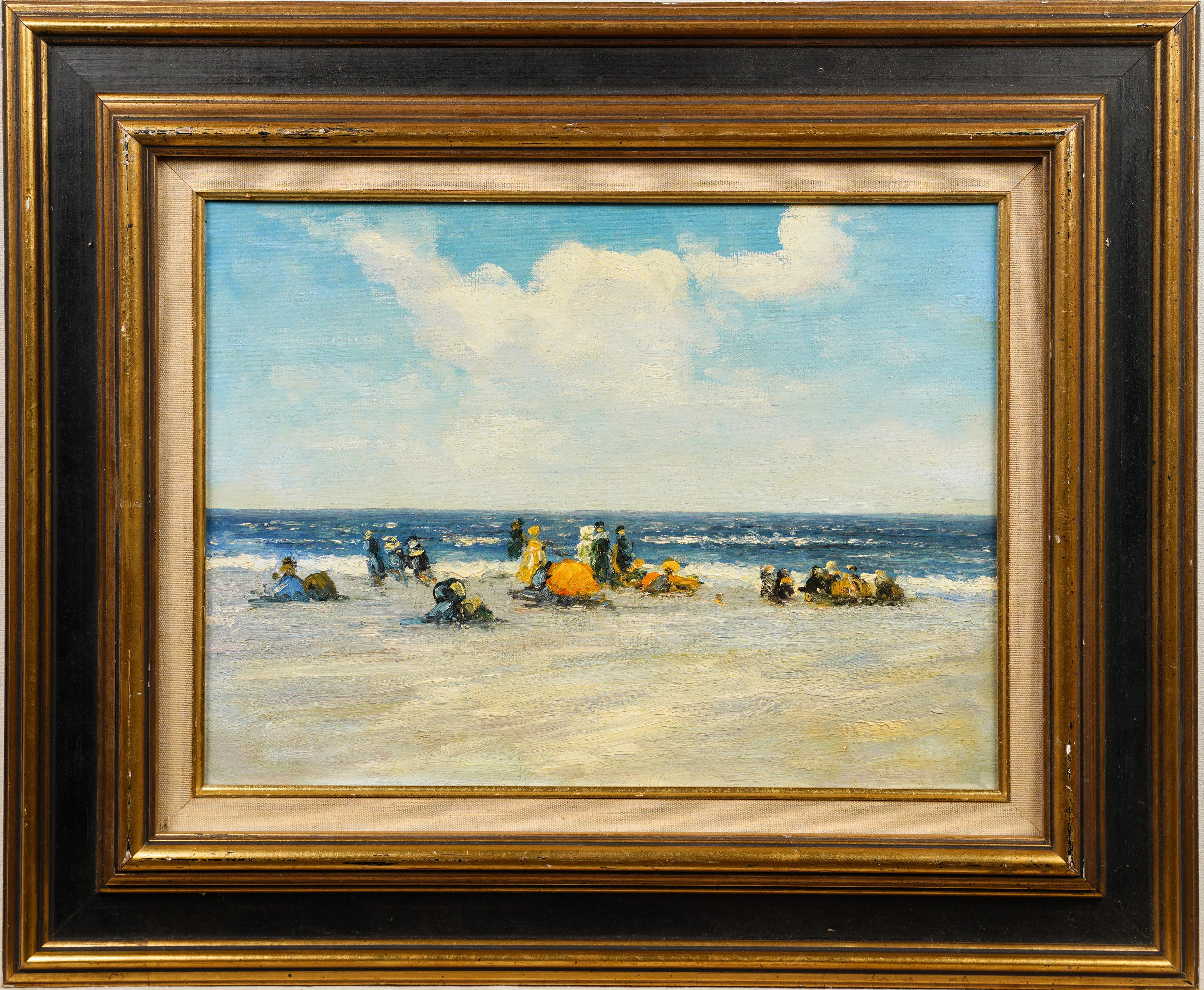 Antique American impressionist seascape beach scene oil painting.  Oil on board.  No signature found.  Framed.  Image size, 18L x 14H.