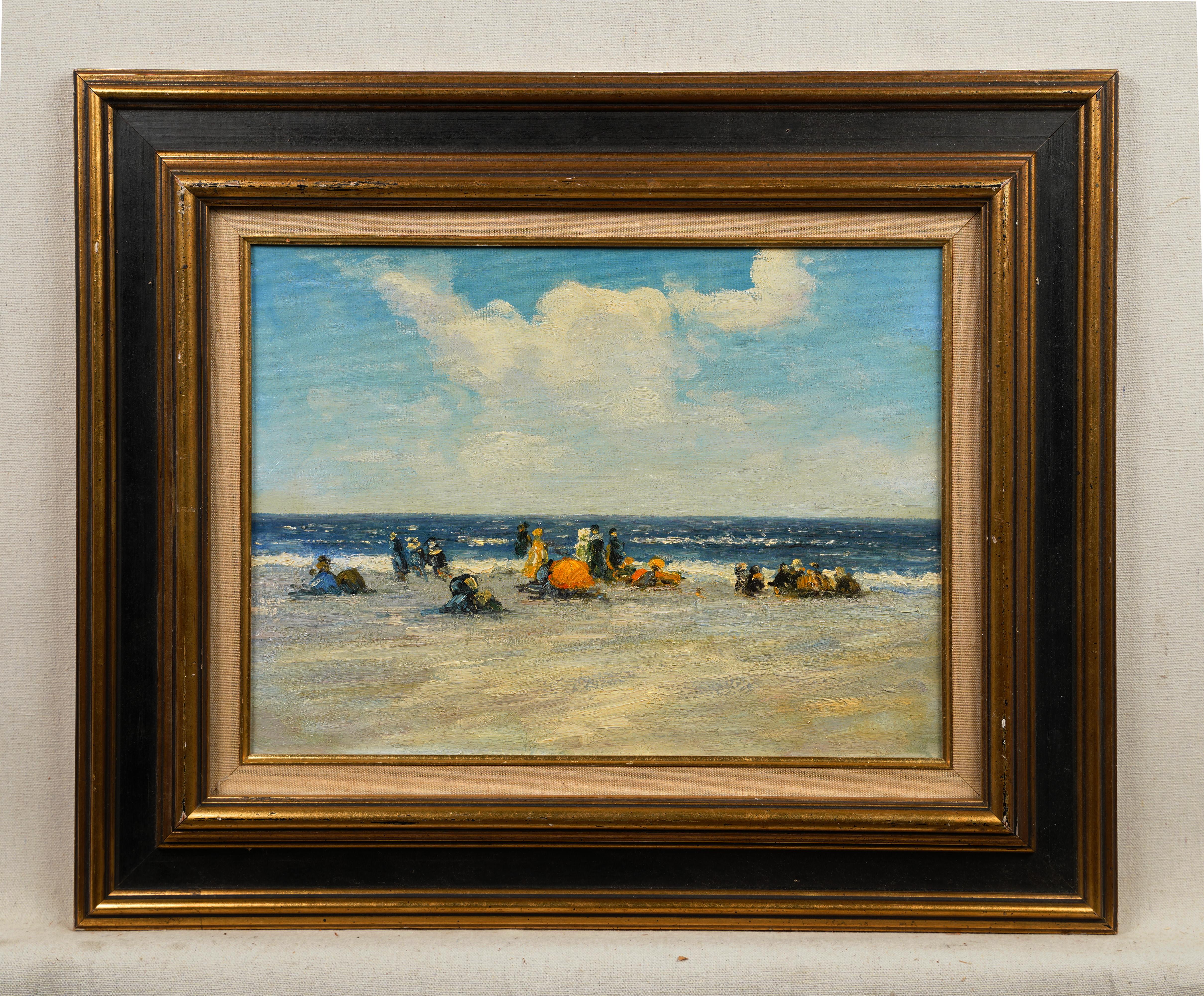 Antique American impressionist seascape beach scene oil painting.  Oil on board.  No signature found.  Framed.  Image size, 18L x 14H.