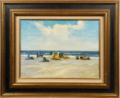  Antique American School Summer Beach Scene Framed Impressionist Oil Painting