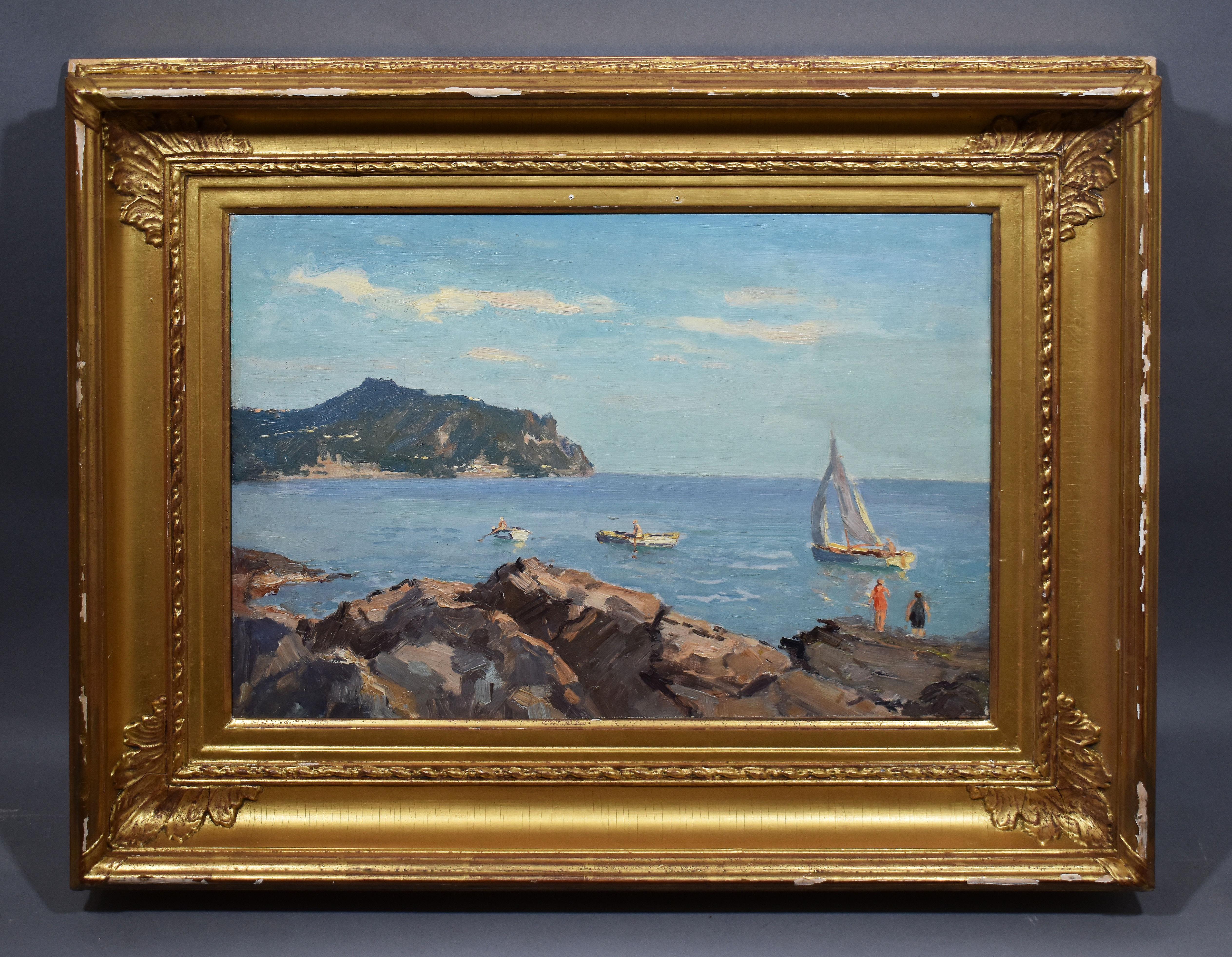 Antique American School Summer Impressionist New England Sailing off the Coast - Painting by Unknown