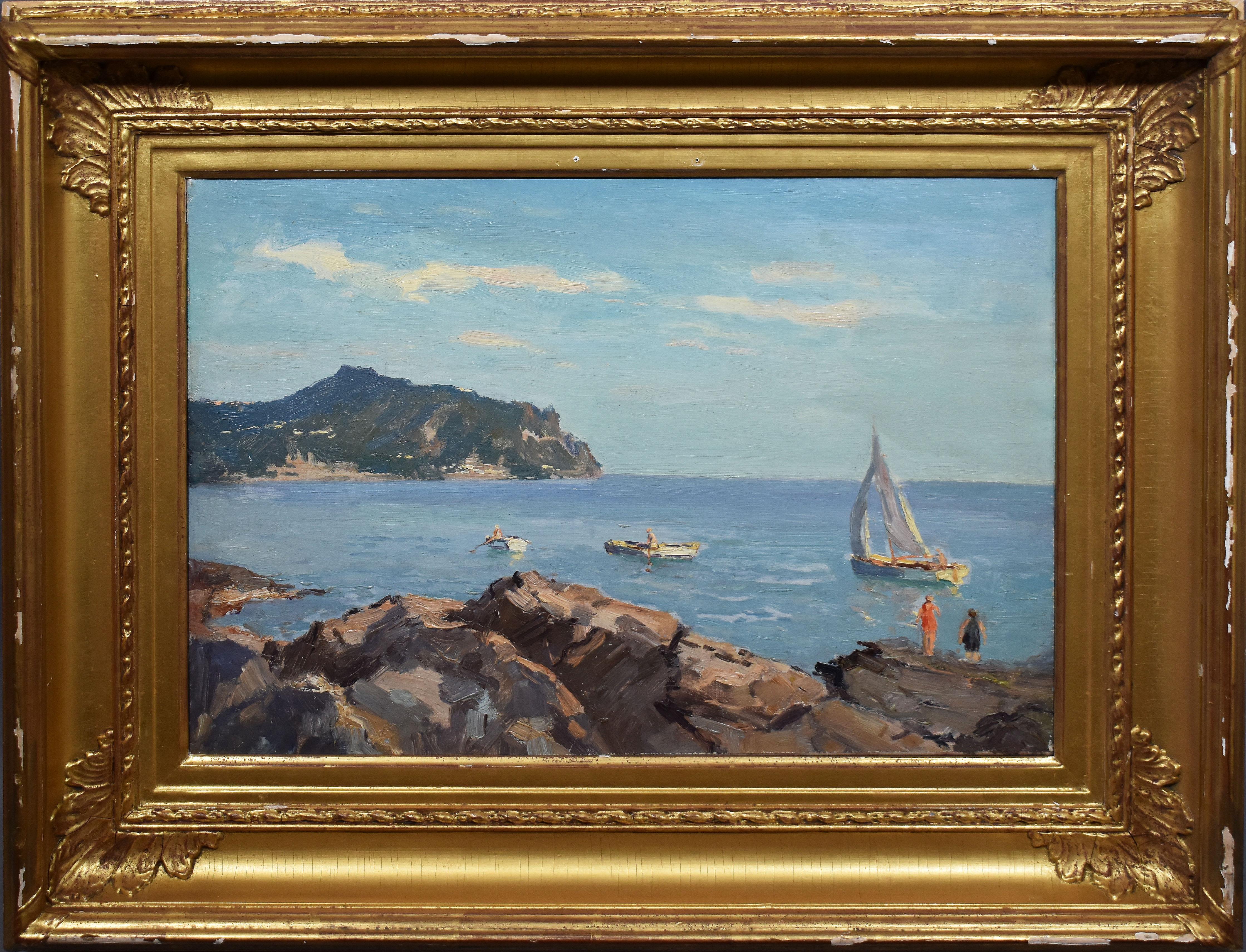 Unknown Landscape Painting - Antique American School Summer Impressionist New England Sailing off the Coast