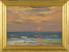 Antique American School Sunset Beach Scene Nautical Seascape Oil Painting