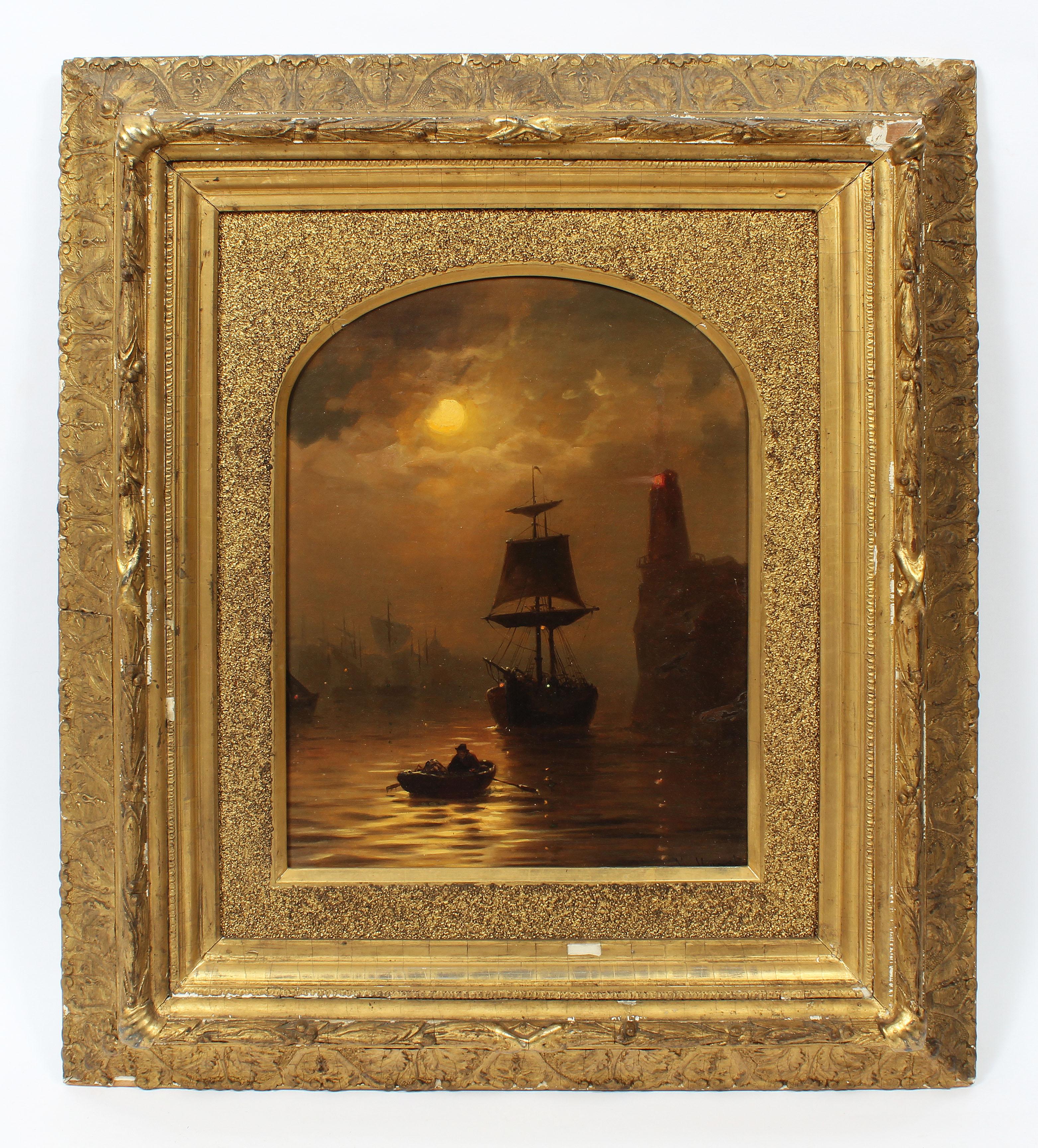 Antique American School Sunset Harbor View Signed Original Luminous Oil Painting - Brown Landscape Painting by Unknown