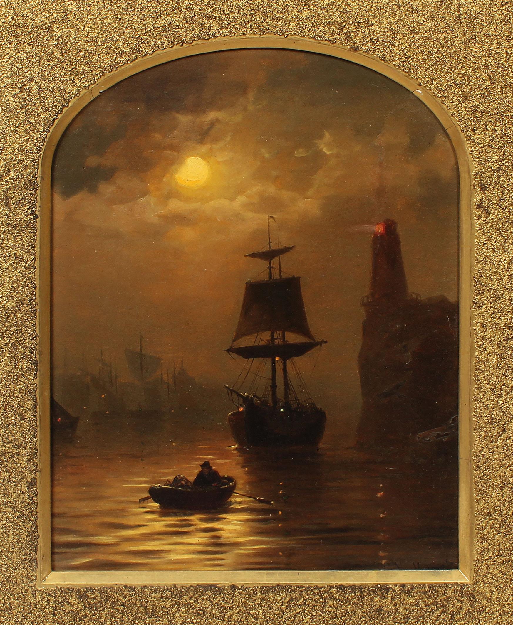 Antique American school oil painting of a luminous sunset harbor.  Oil on canvas, circa 1860. Signed lower right illegibly.  Displayed in a period giltwood frame.  Image, 16