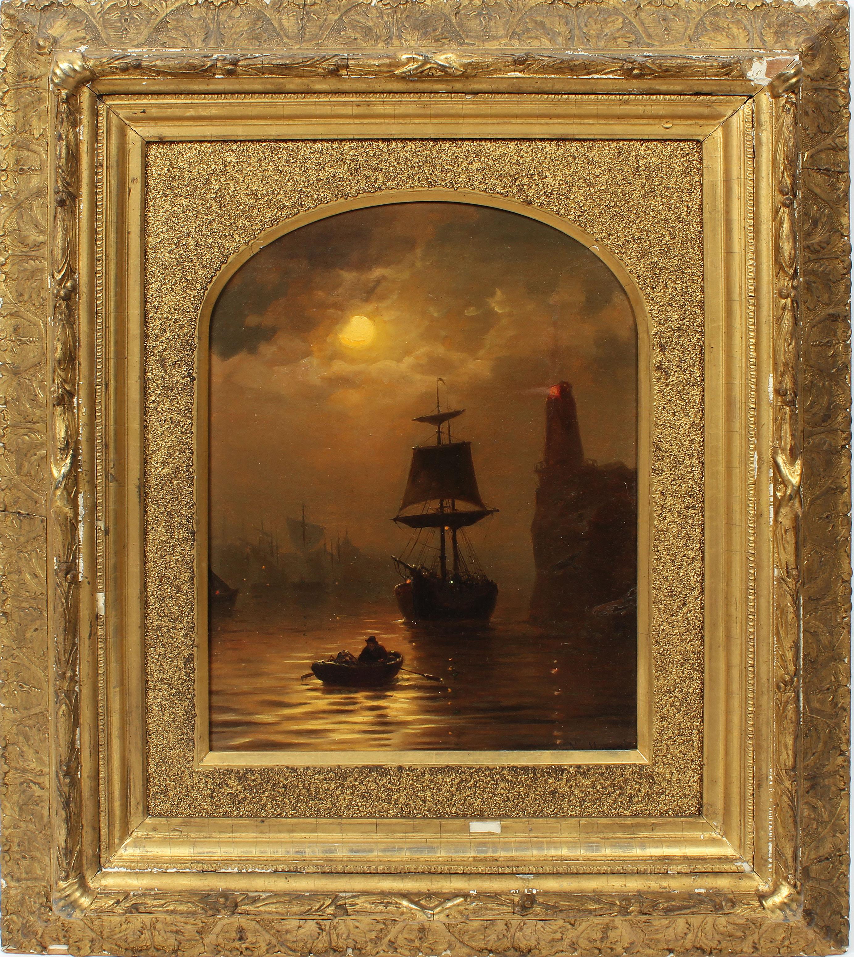 Unknown Landscape Painting - Antique American School Sunset Harbor View Signed Original Luminous Oil Painting