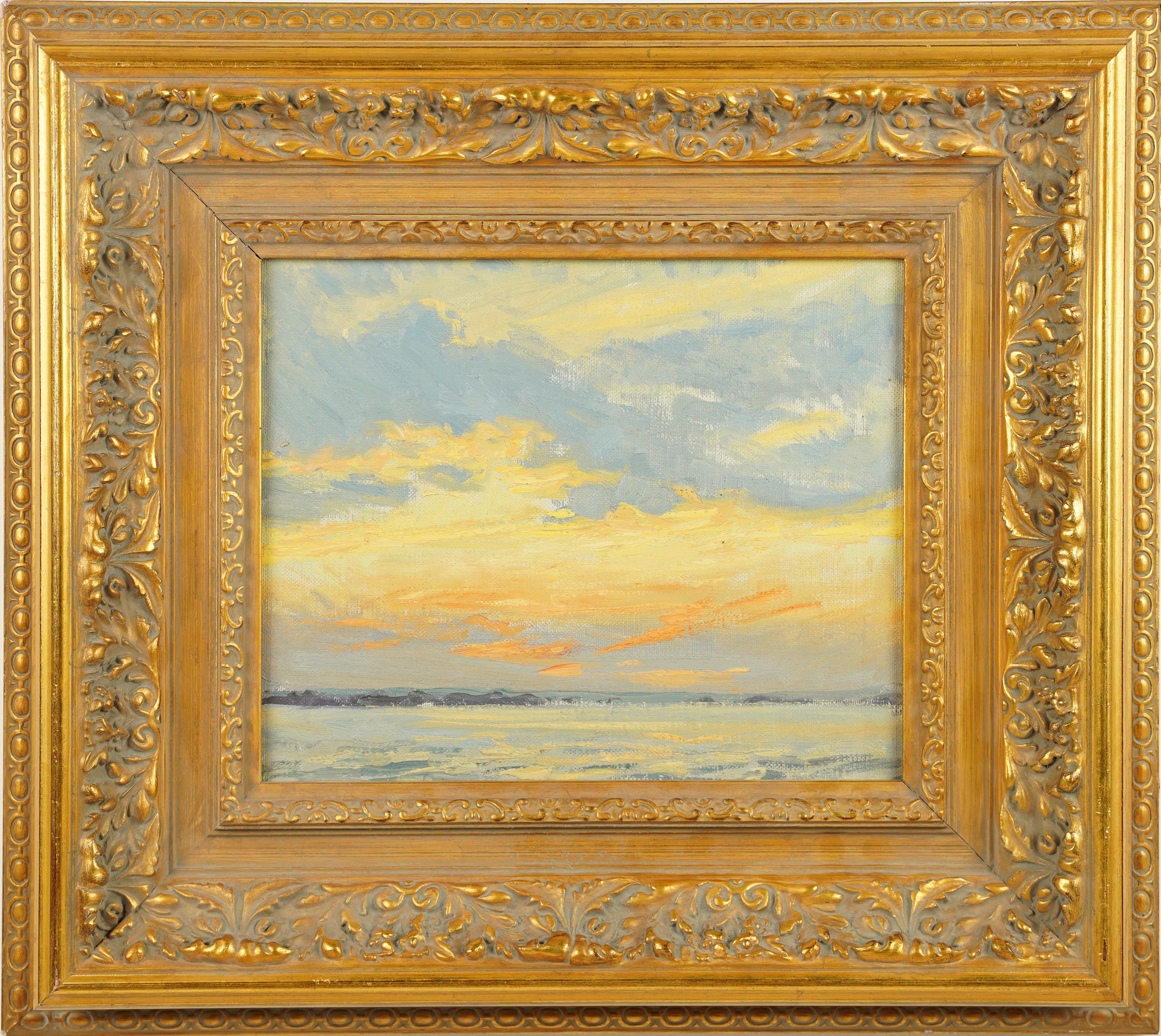 Antico dipinto ad olio con cornice dorata della scuola americana Sunset Lake Seascape Wide - Painting di Unknown