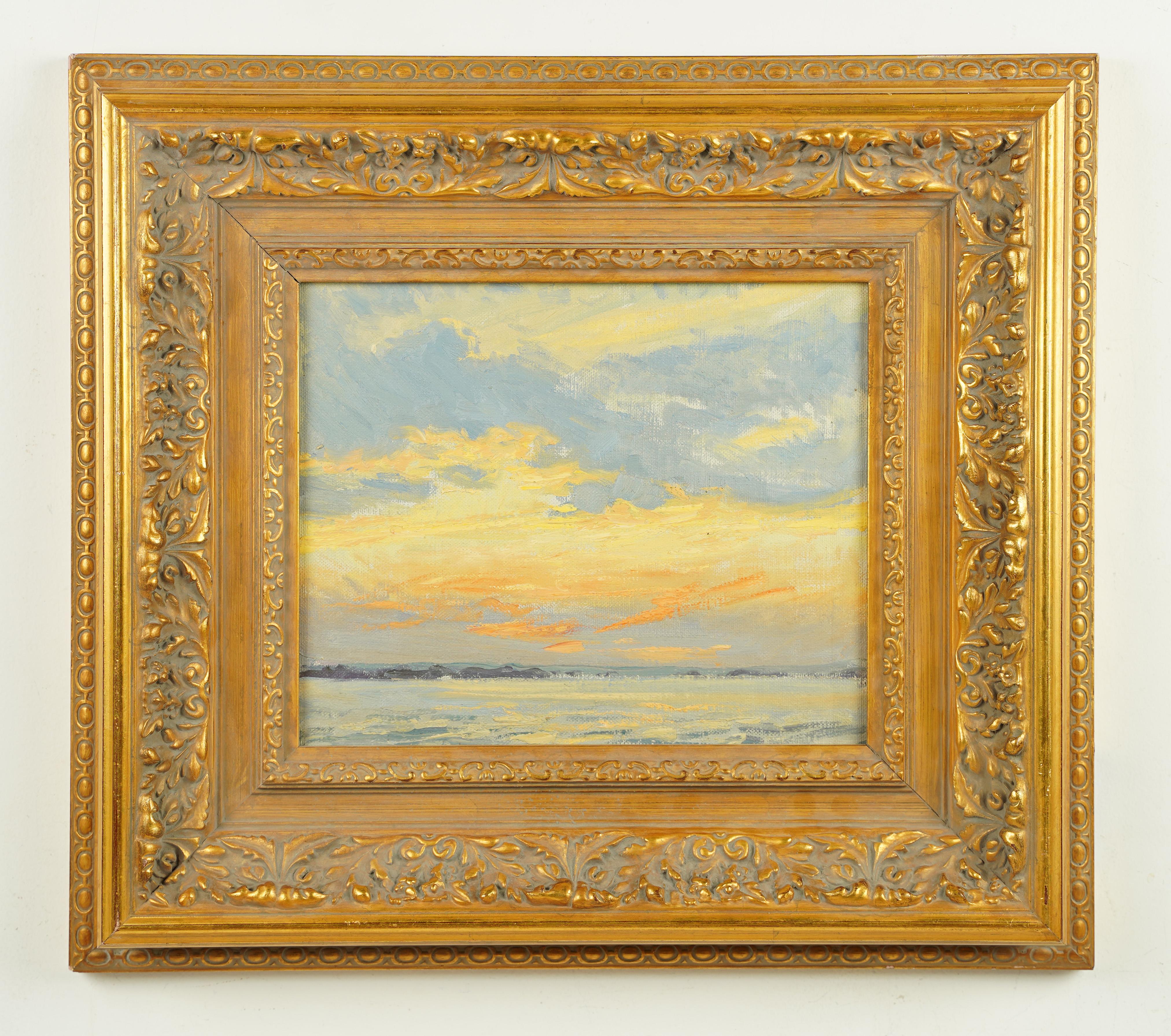 Antico dipinto ad olio con cornice dorata della scuola americana Sunset Lake Seascape Wide - Painting Impressionismo di Unknown
