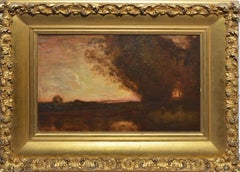 Antique American School Sunset Landscape, Tonalist Monogramed Oil Painting