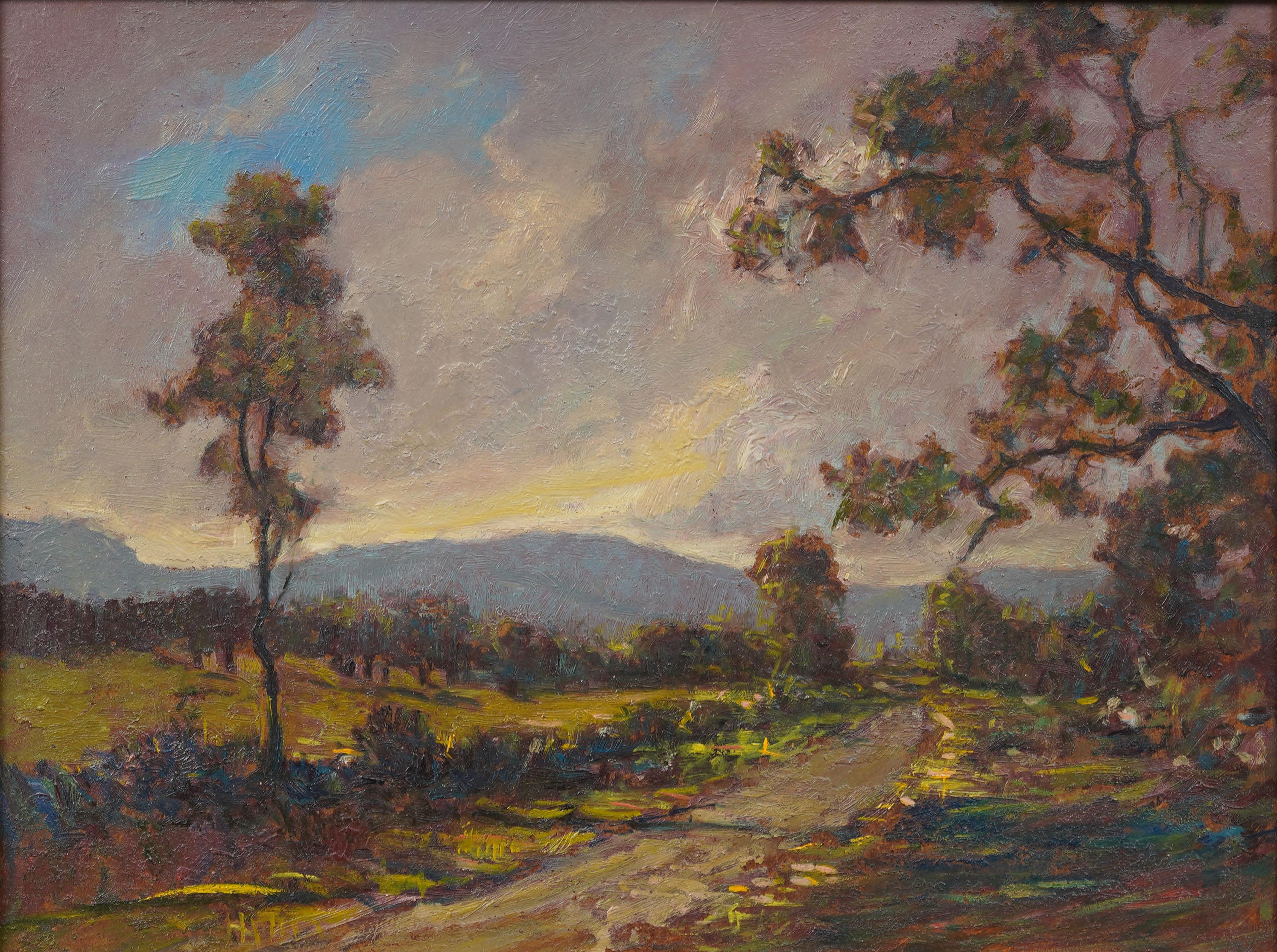 Antique oil on board landscape painting.  Nicely framed.  Excellent colors.  Ready to hang.  