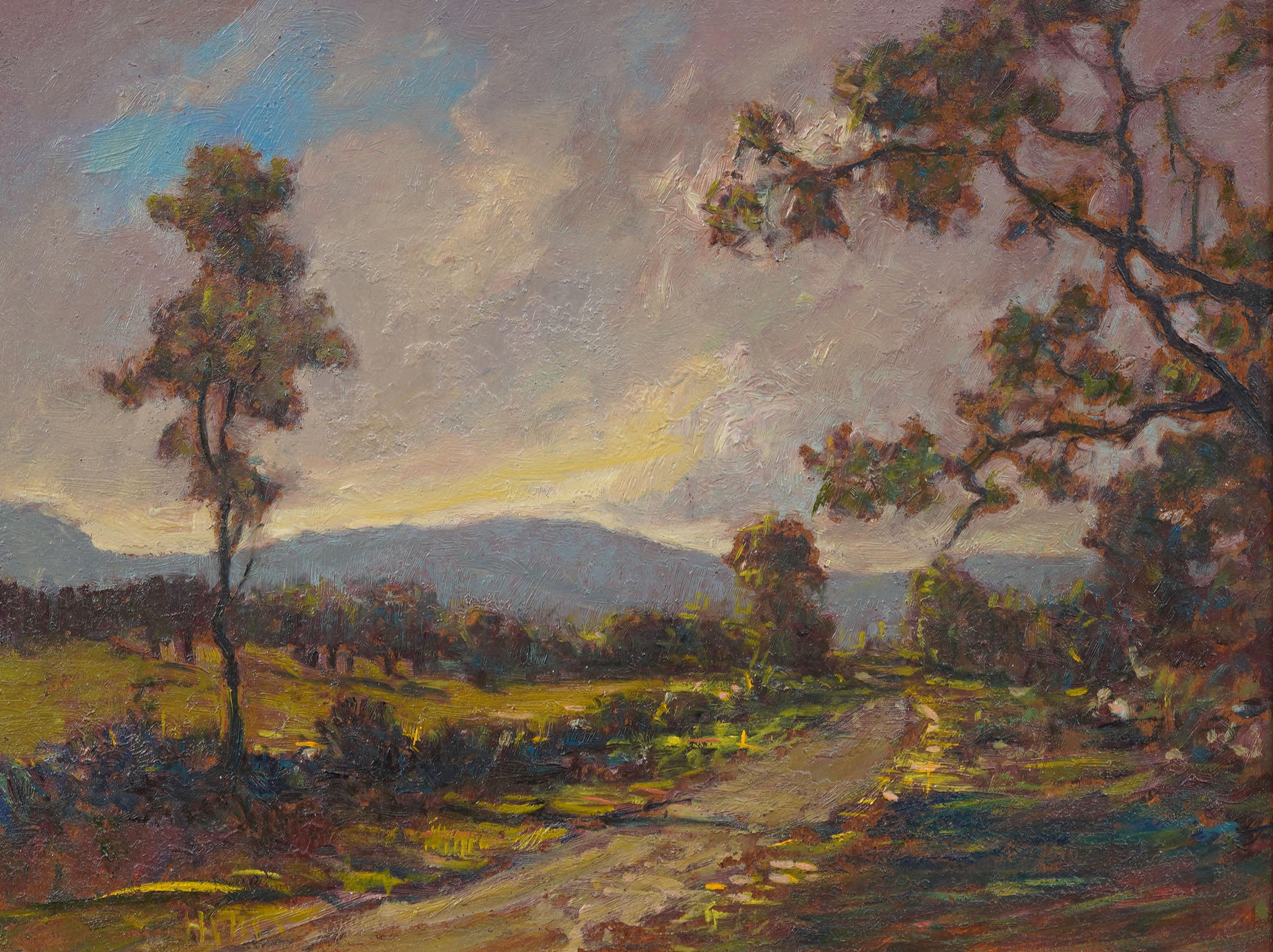 Antique American School Sunset Mountain Landscape Framed Oil Painting For Sale 1