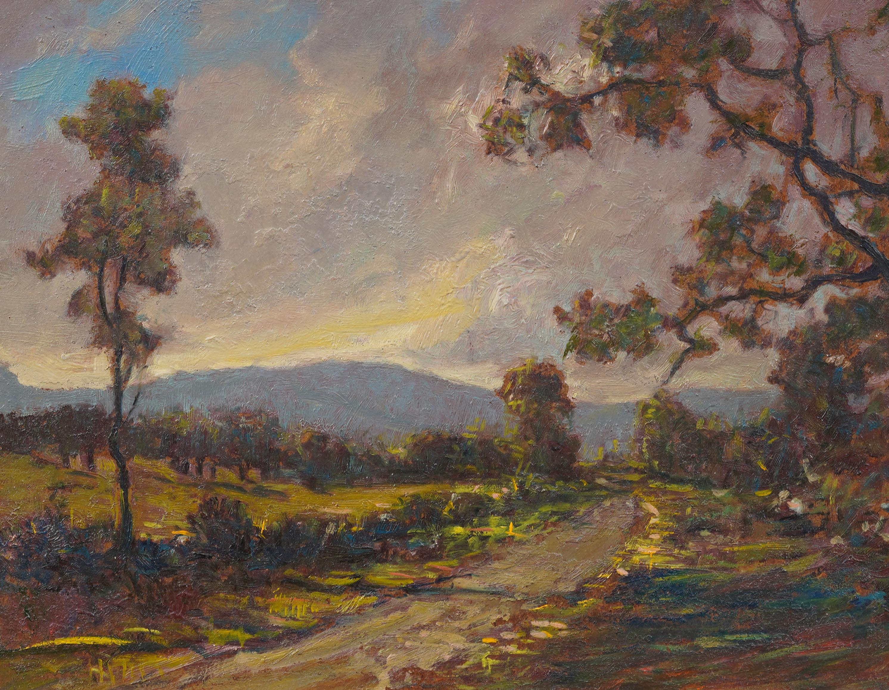 Antique American School Sunset Mountain Landscape Framed Oil Painting For Sale 2