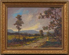 Antique American School Sunset Mountain Landscape Framed Oil Painting