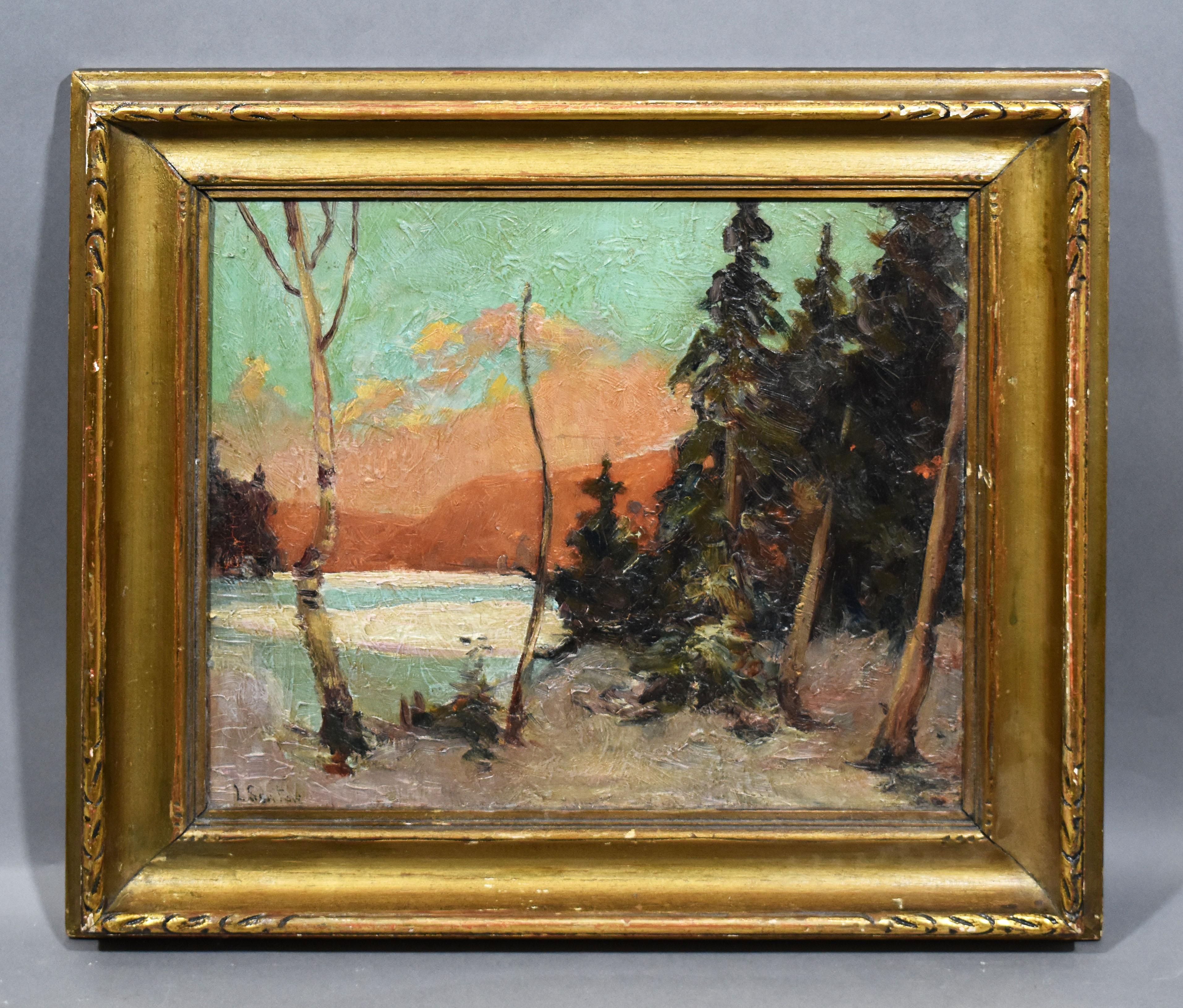 Antique American School Sunset Winter Snow Landscape Signed Framed Oil Painting - Brown Landscape Painting by Unknown